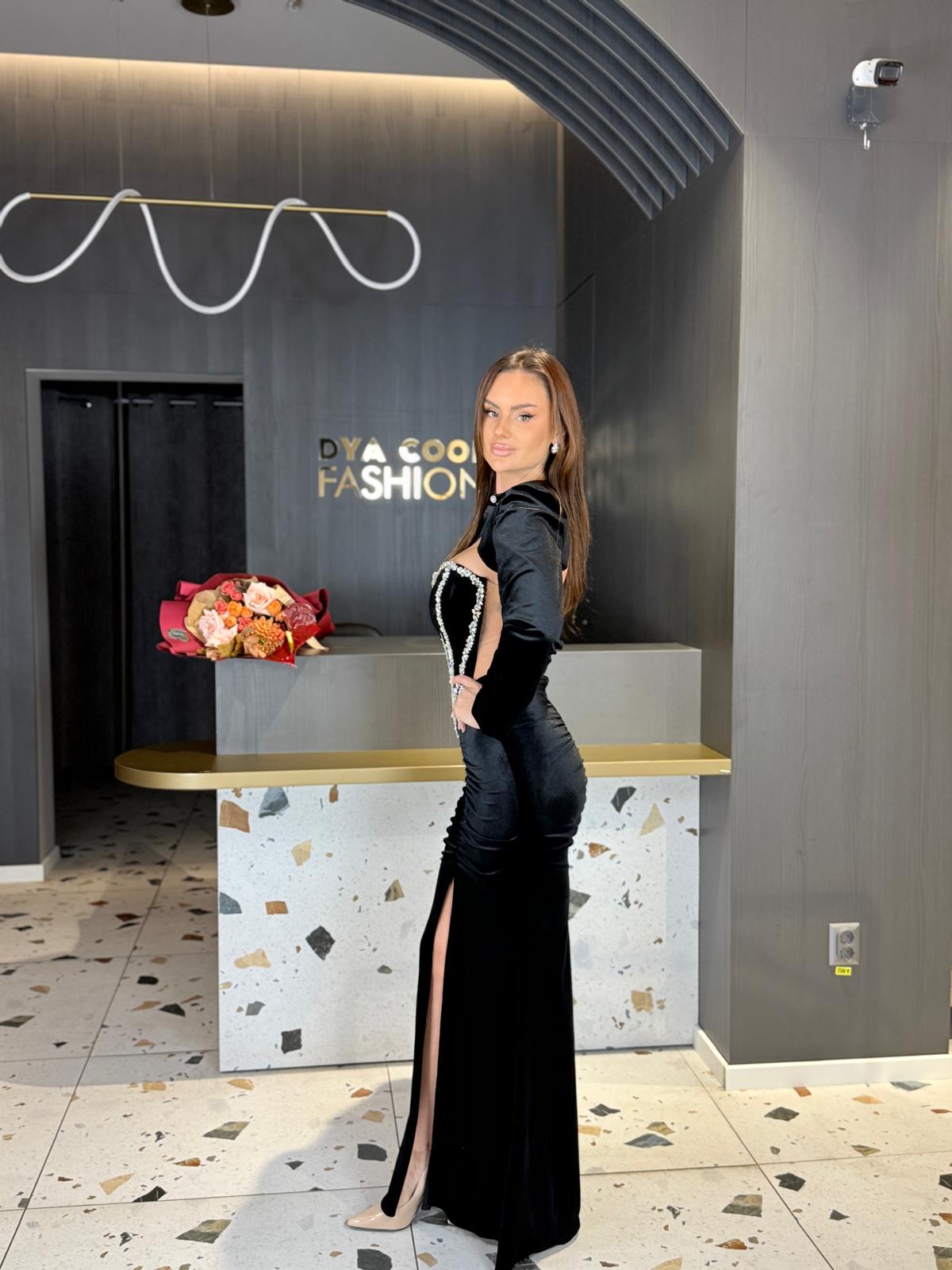 Rochie Lungă Catifea Neagră Cu Bolero Detasabil Cu Cristale DYA1349 - imagine 3