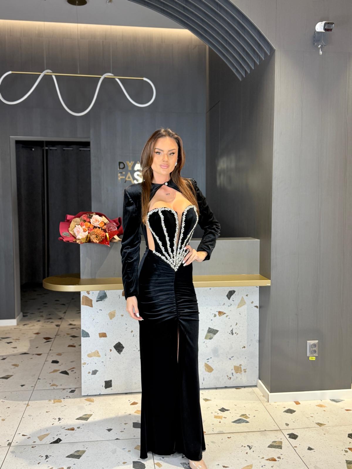 Rochie Lungă Catifea Neagră Cu Bolero Detasabil Cu Cristale DYA1349 - imagine 6