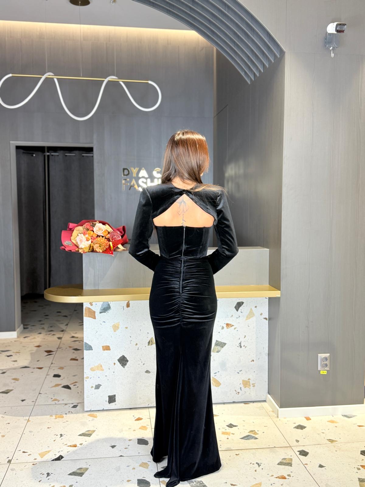 Rochie Lungă Catifea Neagră Cu Bolero Detasabil Cu Cristale DYA1349 - imagine 8