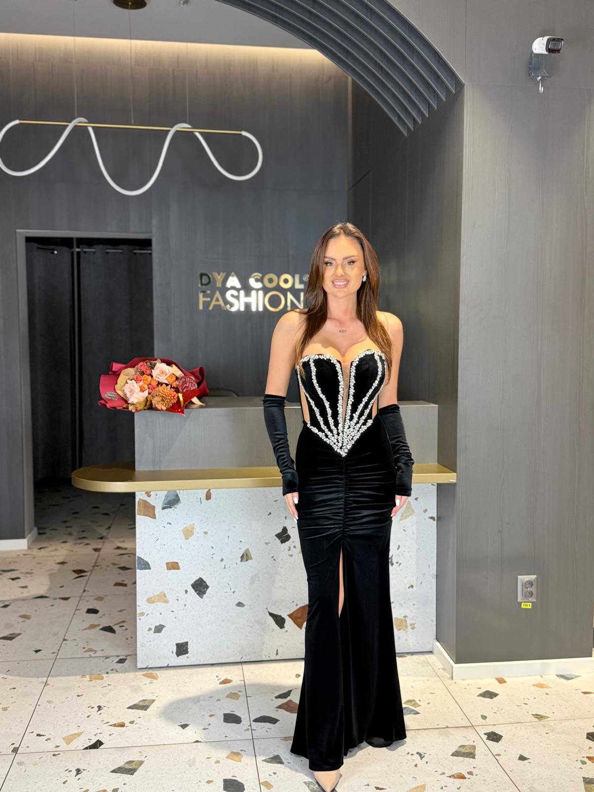 Rochie Lungă Catifea Neagră Cu Bolero Detasabil Cu Cristale DYA1349 - imagine 5