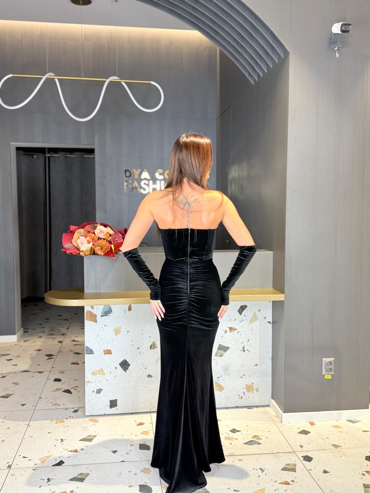 Rochie Lungă Catifea Neagră Cu Bolero Detasabil Cu Cristale DYA1349 - imagine 7