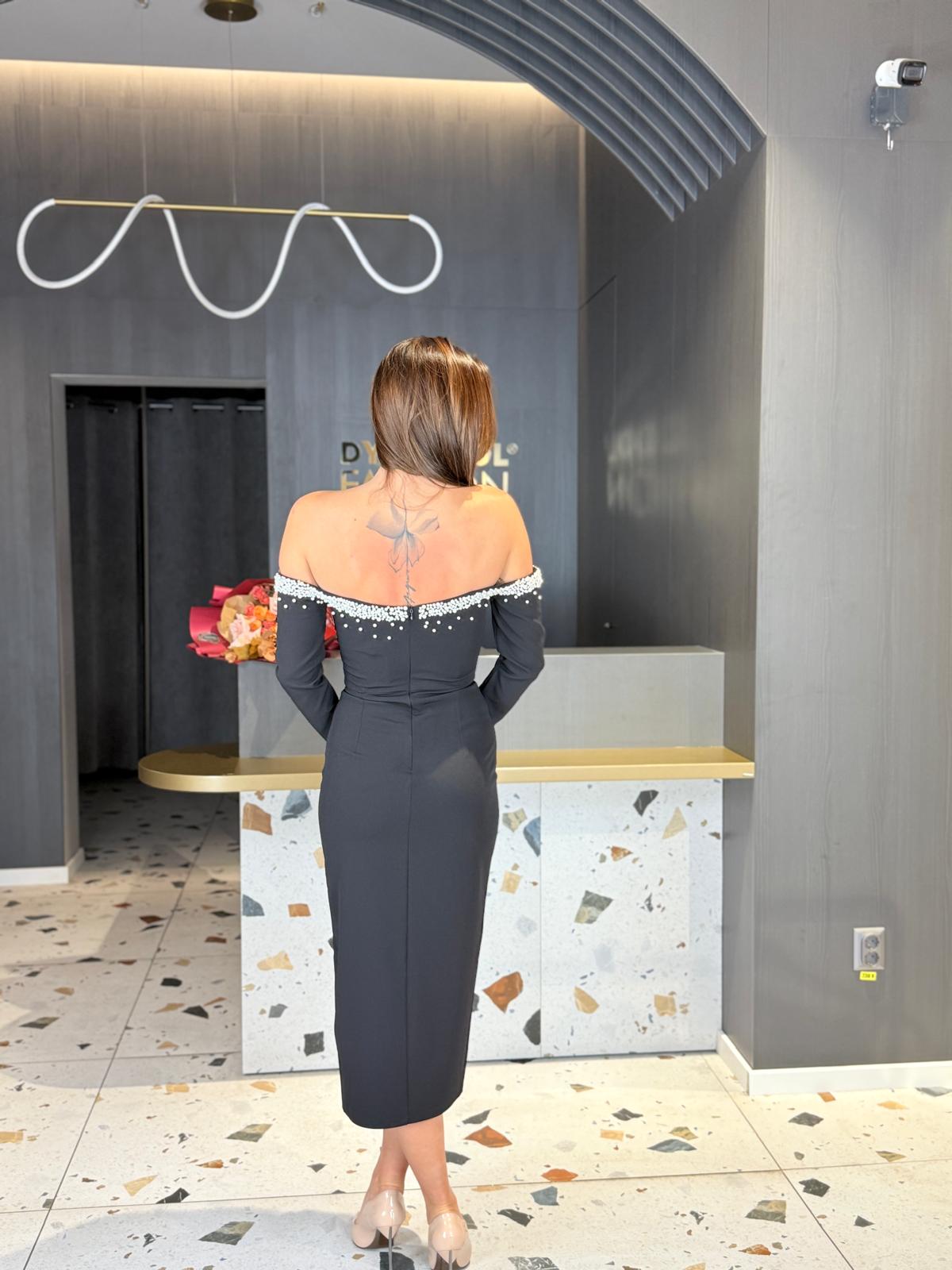 Rochie Midi Neagra cu Perle DYA330 - imagine 5