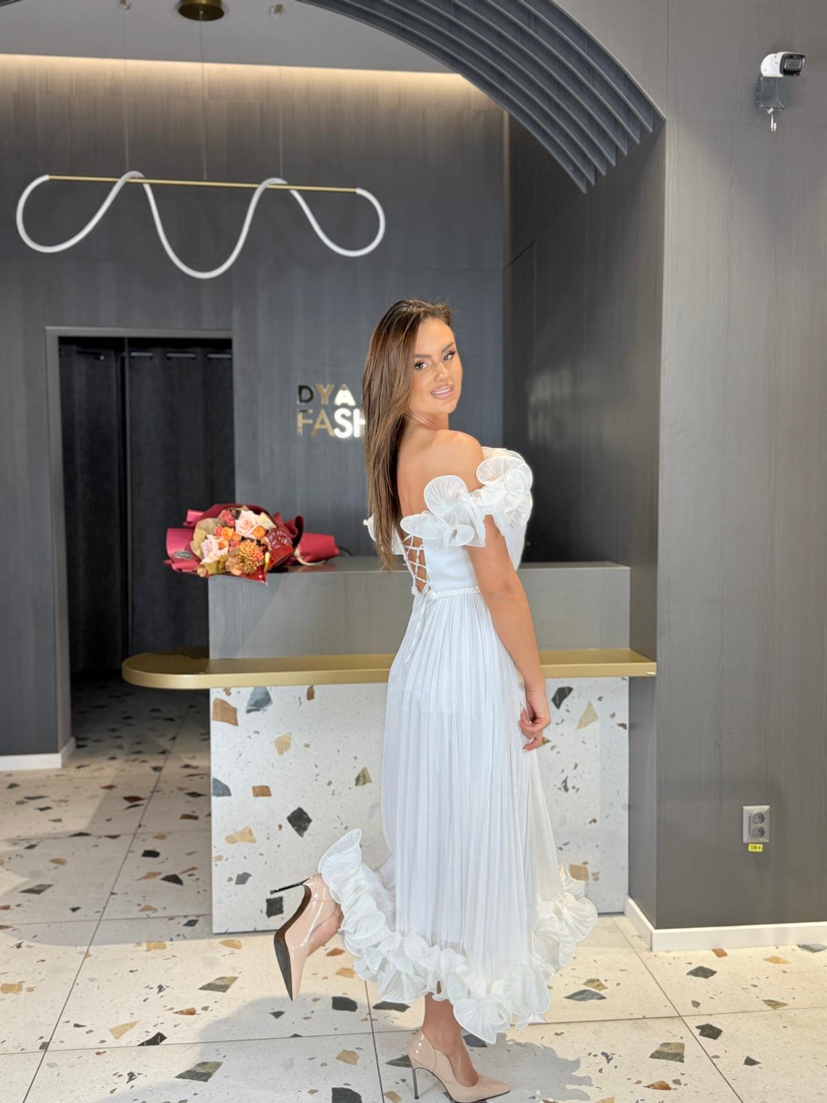 Rochie Midi Volane Albă DYA1364 - imagine 4