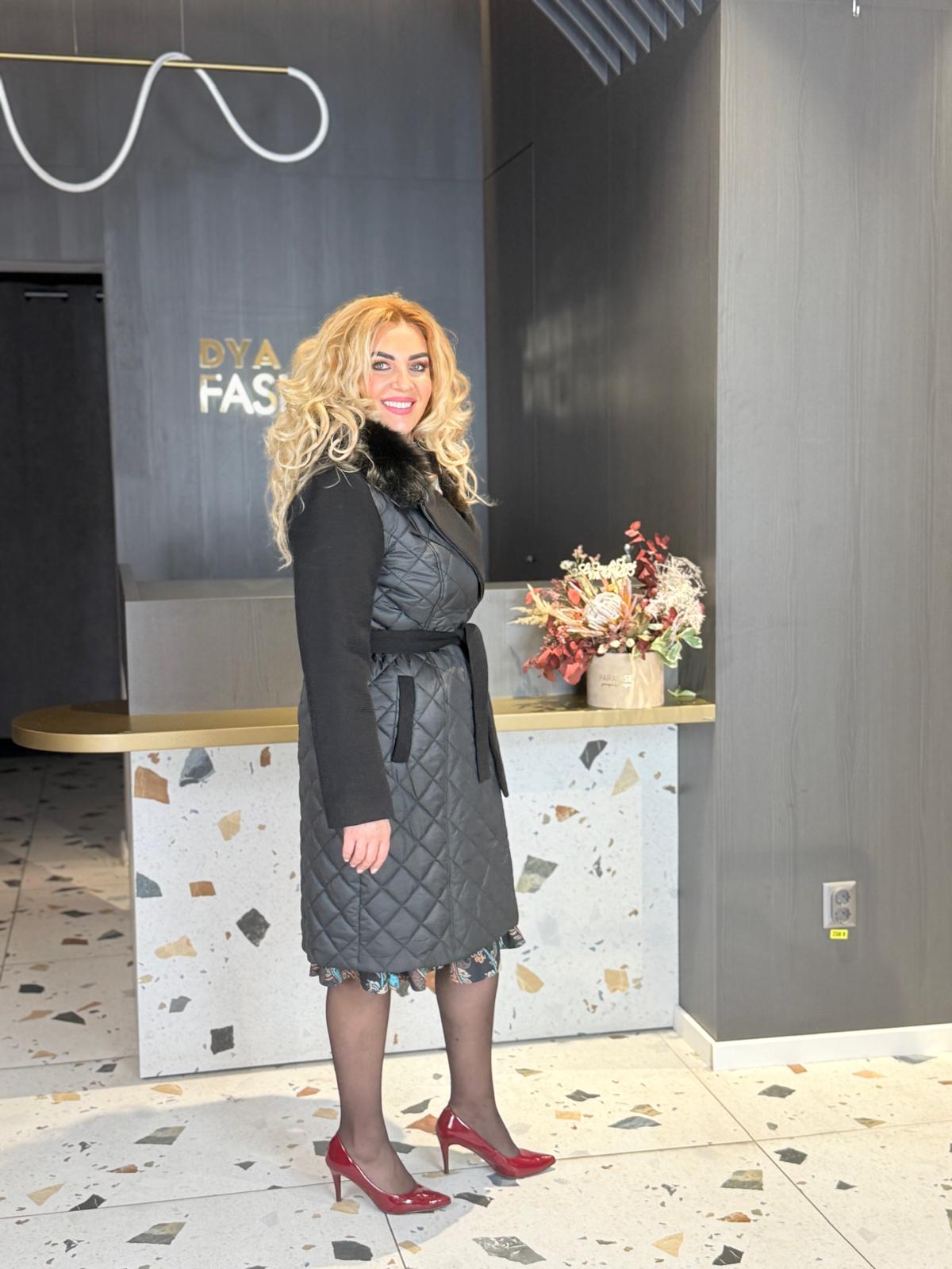 Palton Negru cu Secțiune Matlasată și Cordon DYA1372 - imagine 2