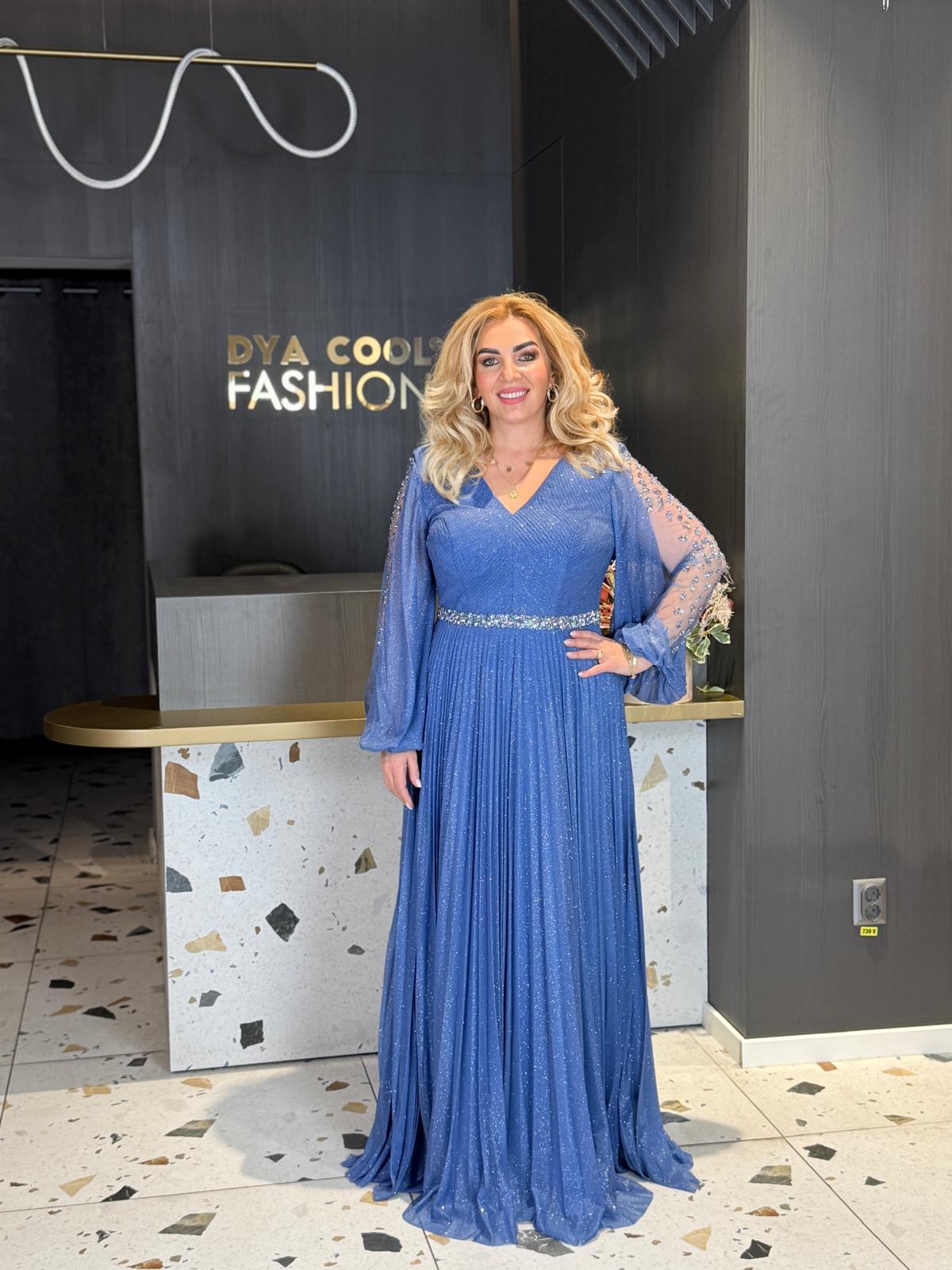 Rochie Lungă Bleu cu Mâneci din Tull și Curea Strălucitoare DYA1380