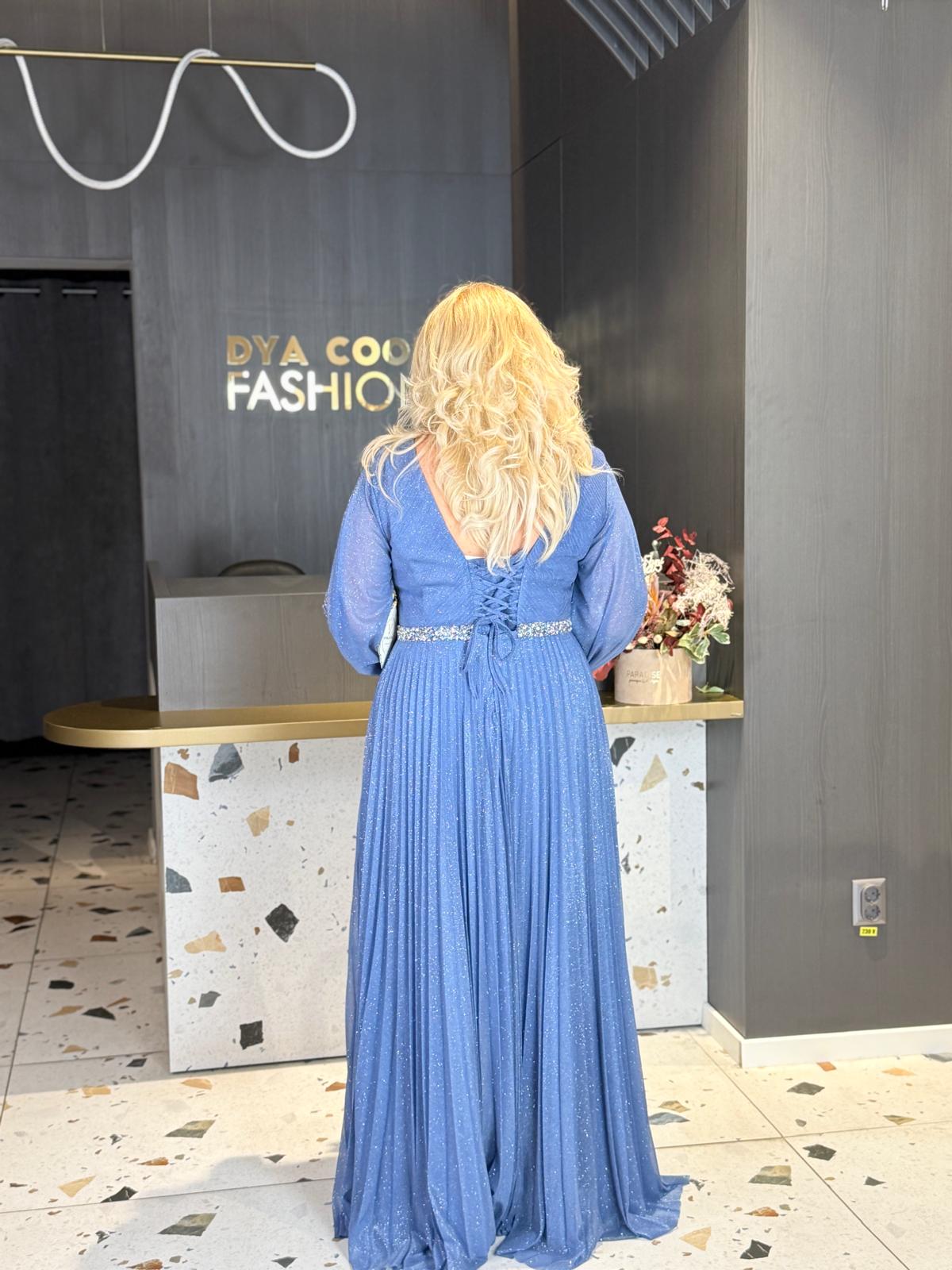 Rochie Lungă Bleu cu Mâneci din Tull și Curea Strălucitoare DYA1380 - imagine 4