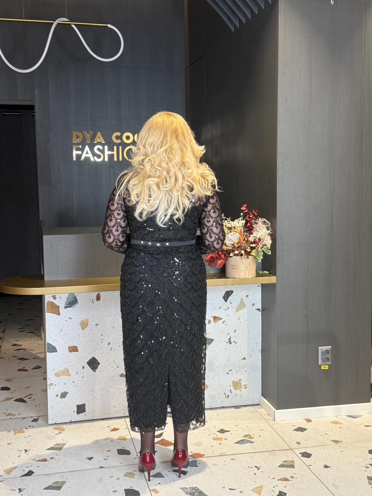 Rochie Midi Brodată Neagră Cu Paiete DYA1390 - imagine 4