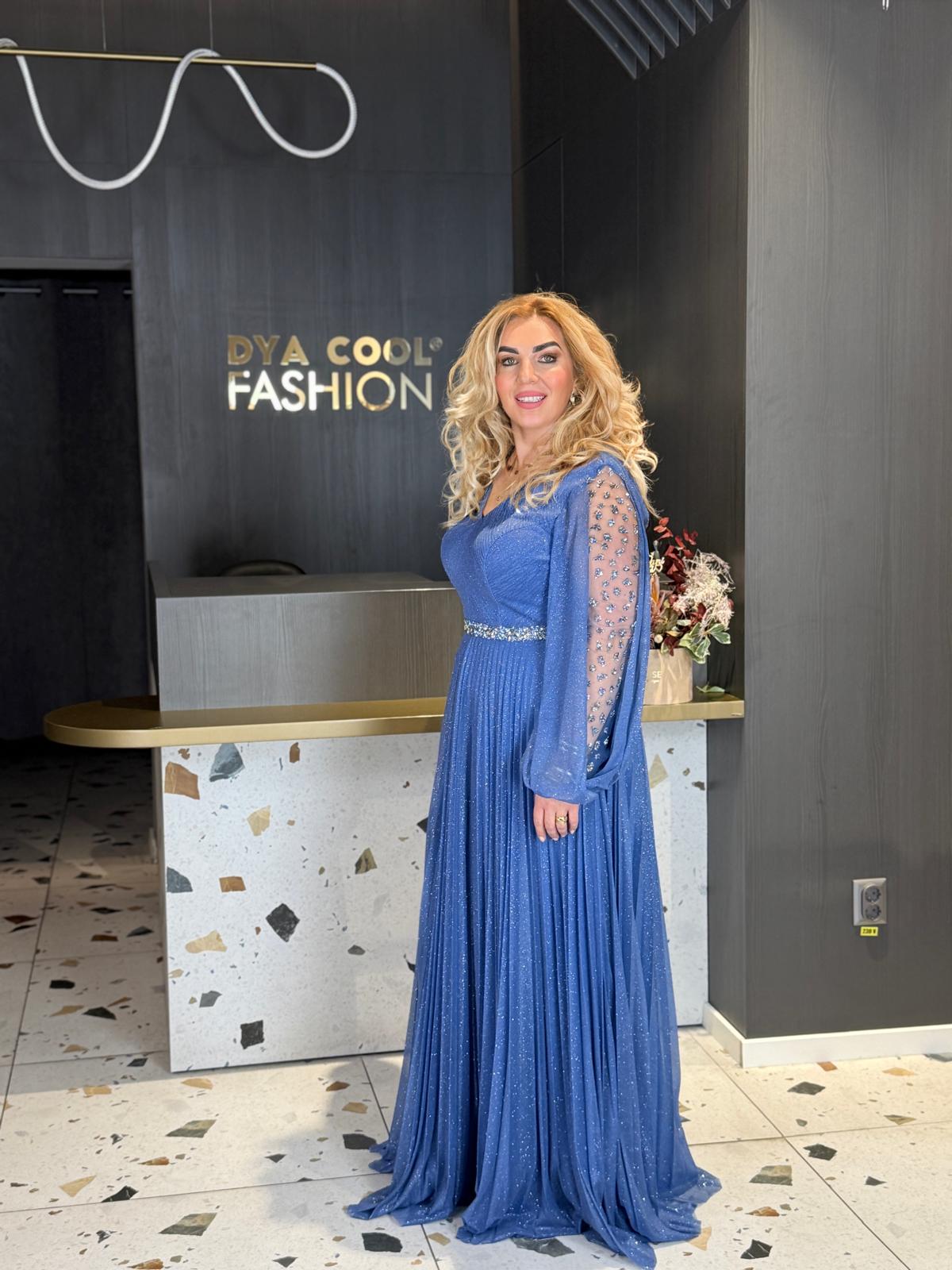 Rochie Lungă Bleu cu Mâneci din Tull și Curea Strălucitoare DYA1380 - imagine 2