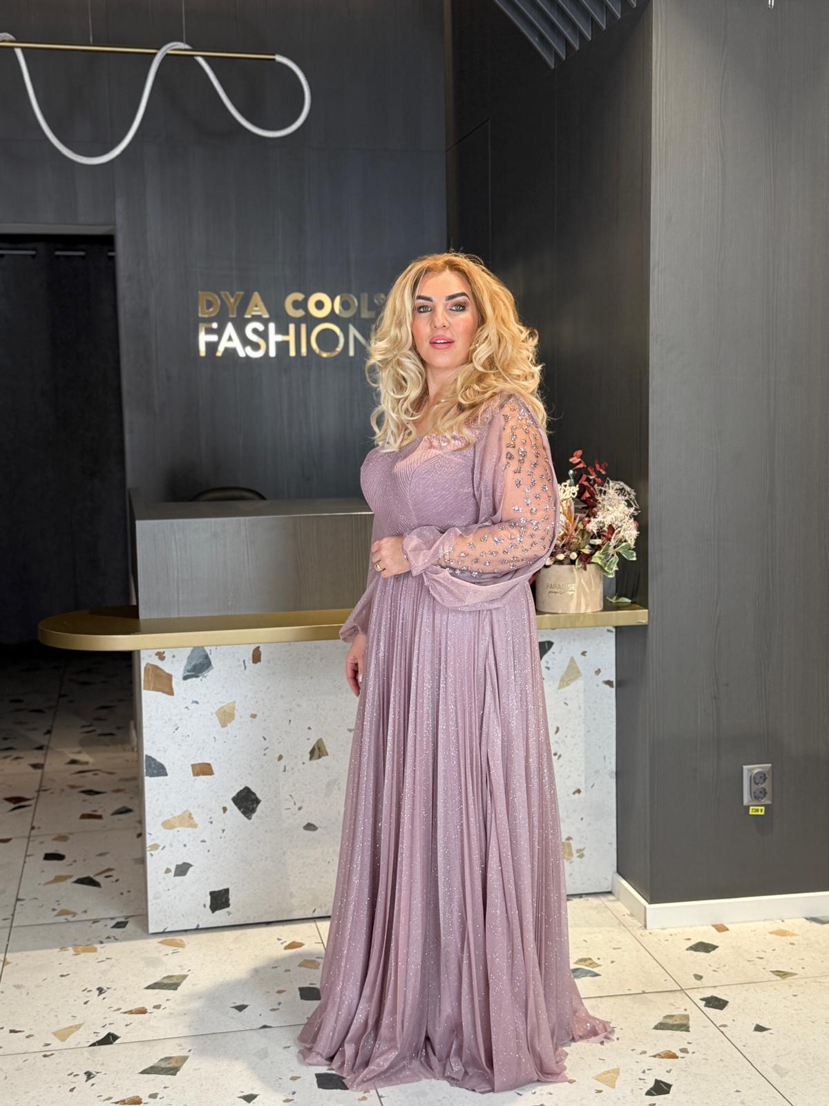 Rochie Lungă Lila Pudrat cu Mâneci din Tull și Curea Decorată DYA1381 - imagine 3