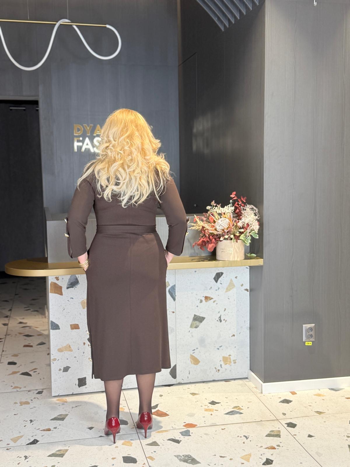 Rochie Midi din Stofă Maro cu Curea DYA1393 - imagine 4