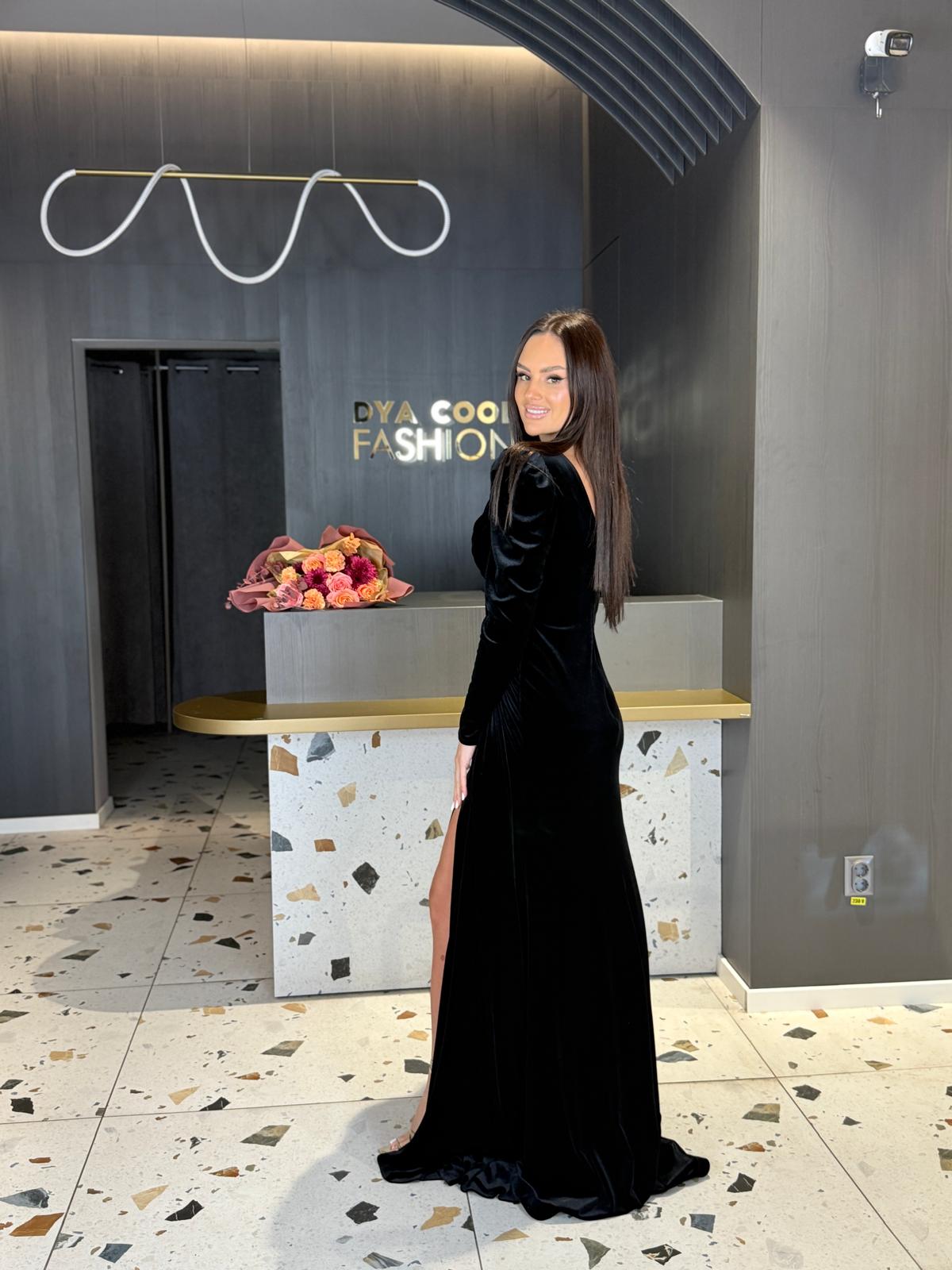 Rochie Lungă Din Catifea Neagră DYA1276 - imagine 3