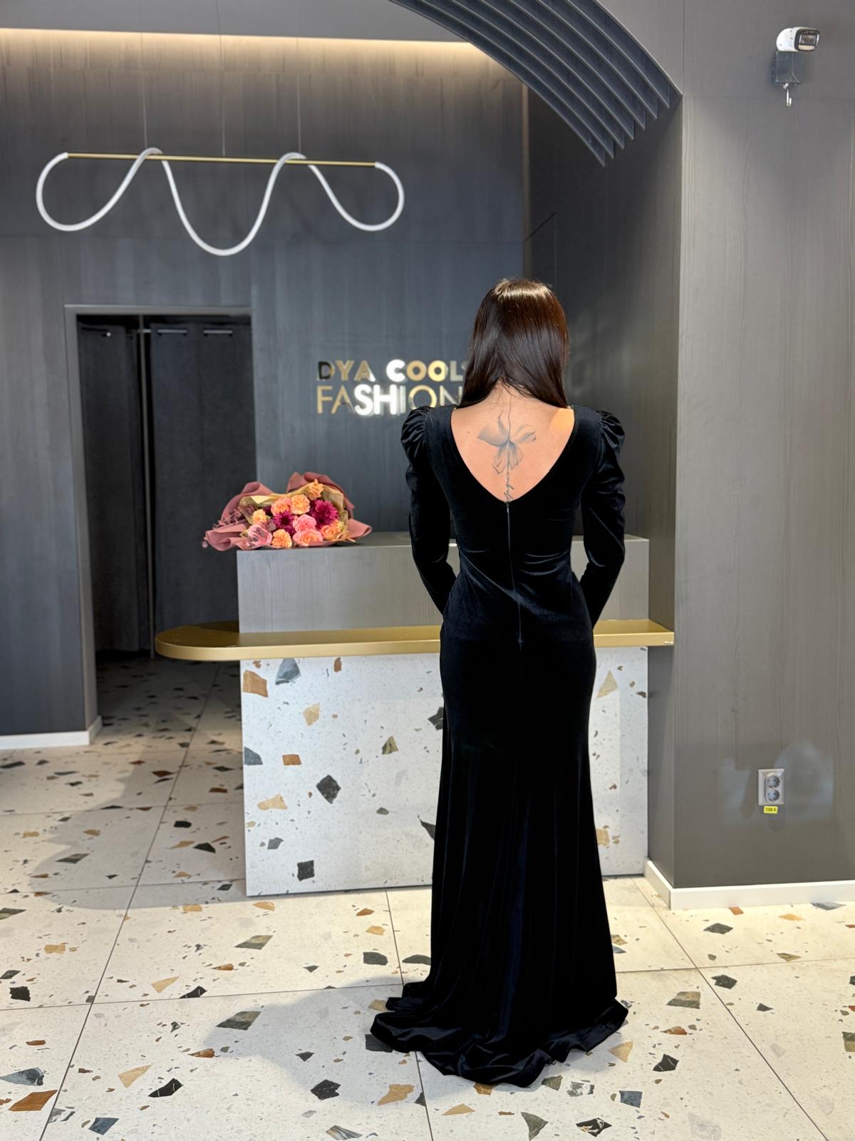 Rochie Lungă Din Catifea Neagră DYA1276 - imagine 4