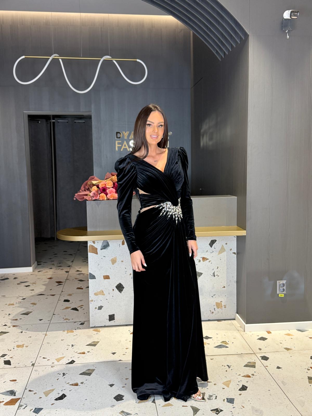 Rochie Lungă Din Catifea Neagră DYA1276 - imagine 2