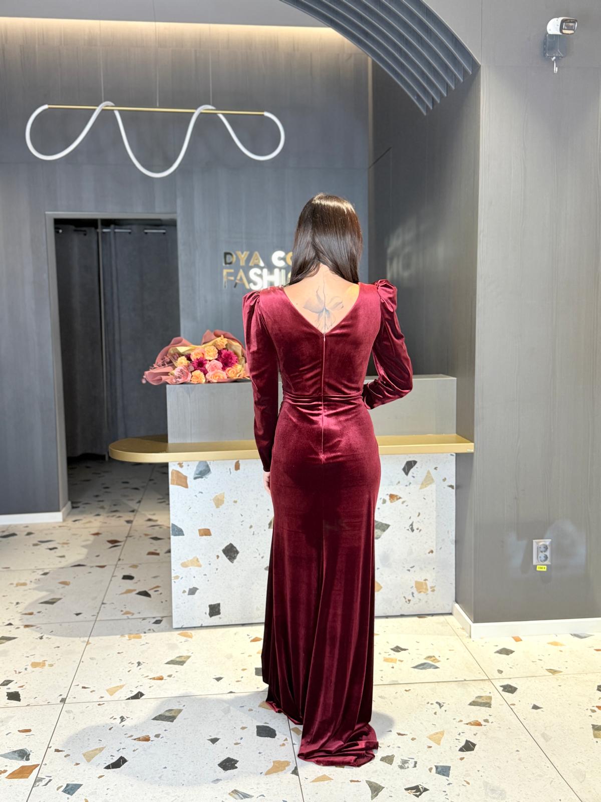 Rochie Lungă Din Catifea Burgundy DYA1275 - imagine 5
