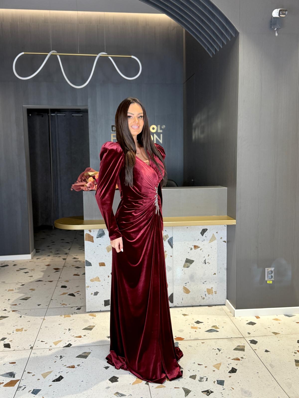 Rochie Lungă Din Catifea Burgundy DYA1275 - imagine 4