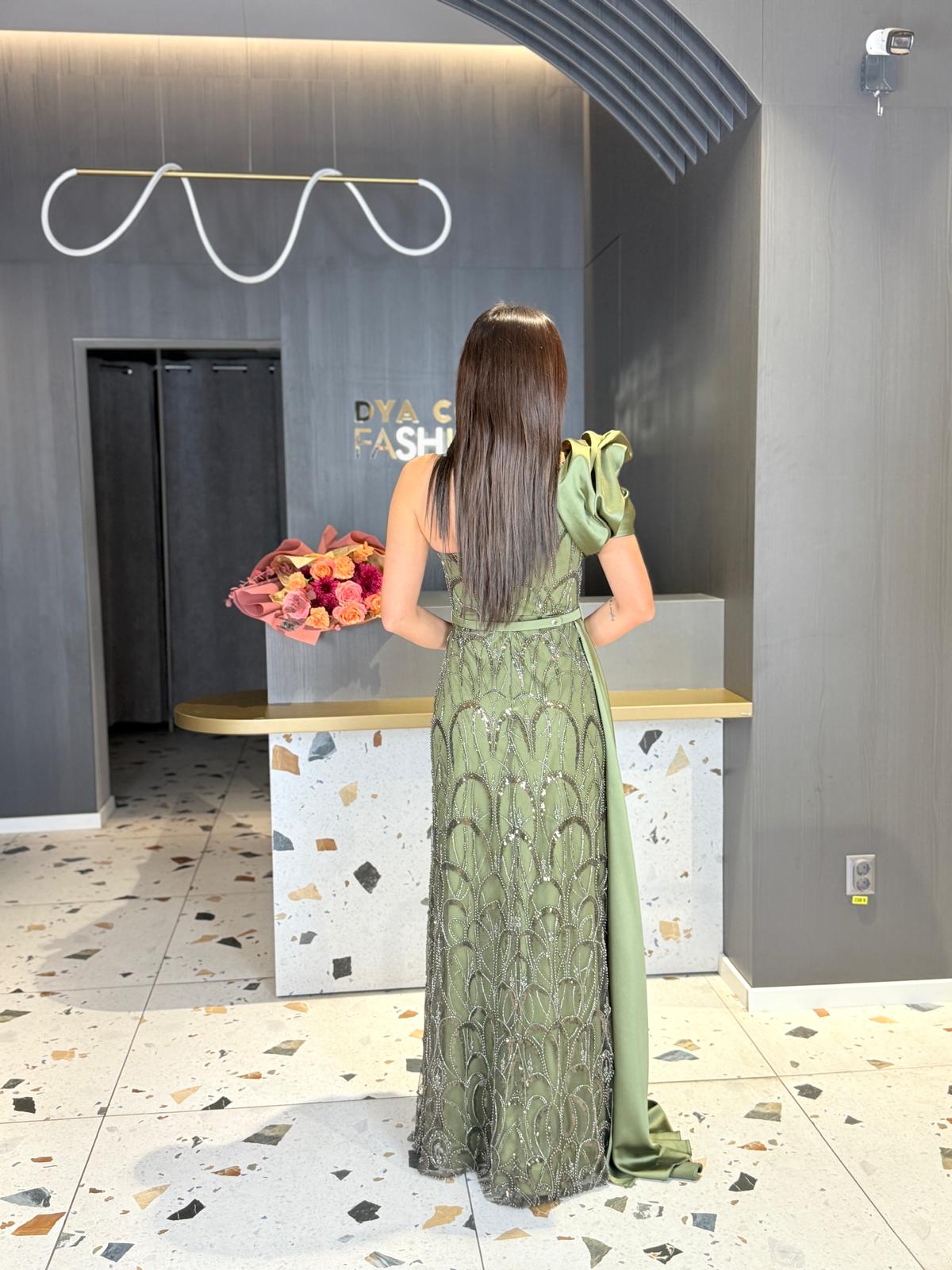 Rochie Lungă Verde Un Umăr DYA1266 - imagine 4