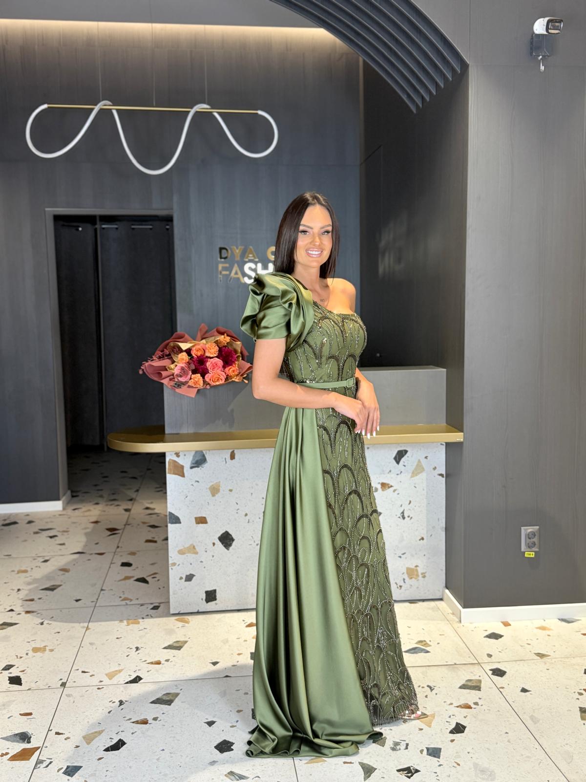 Rochie Lungă Verde Un Umăr DYA1266 - imagine 3