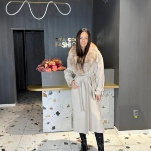 Palton Lung Lână Cașmir Crem Cu Blană Naturală DYA1400