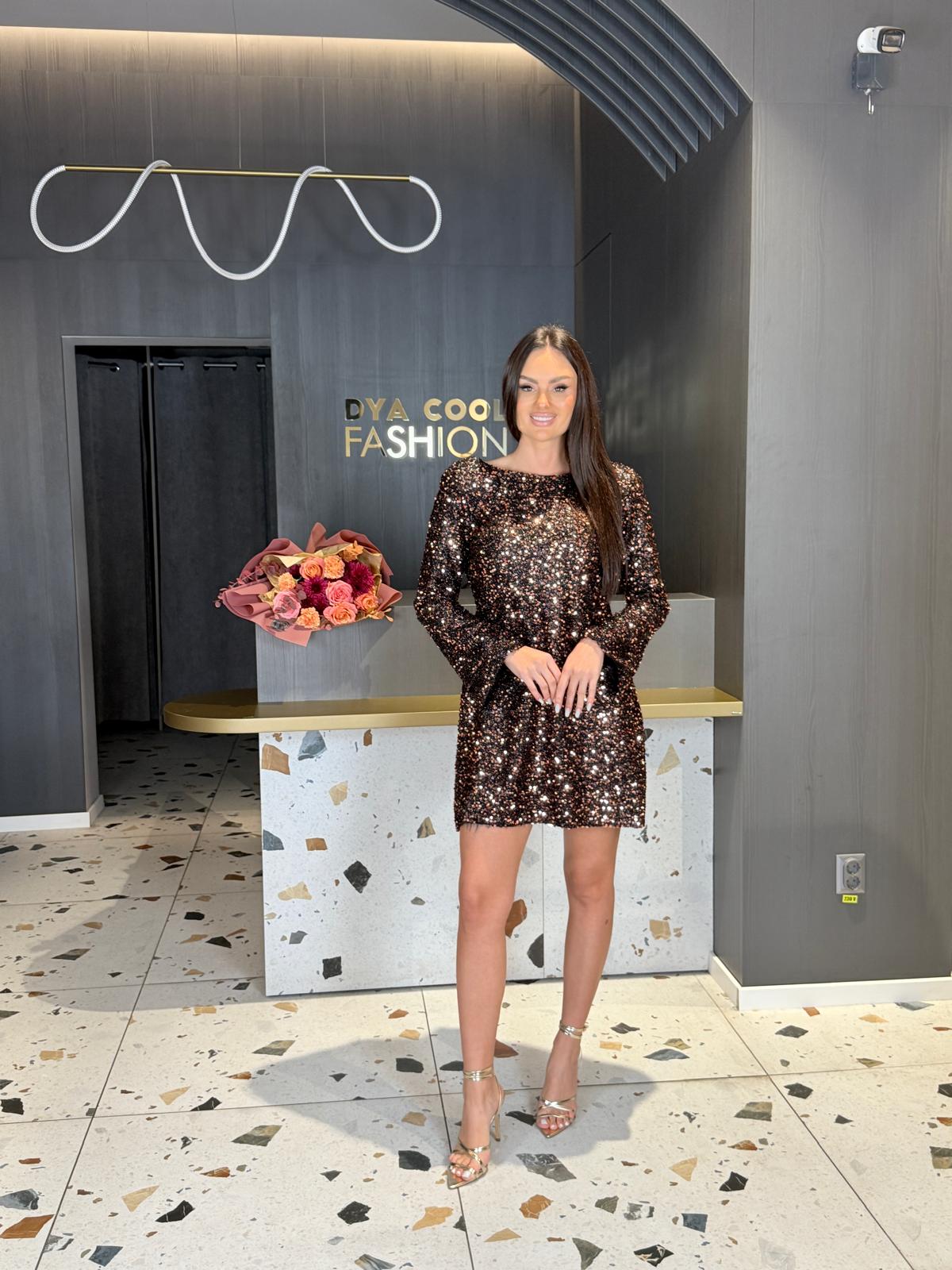 Rochie Scurta Cappuccino Cu Paiete Bronz Staar DYA1416