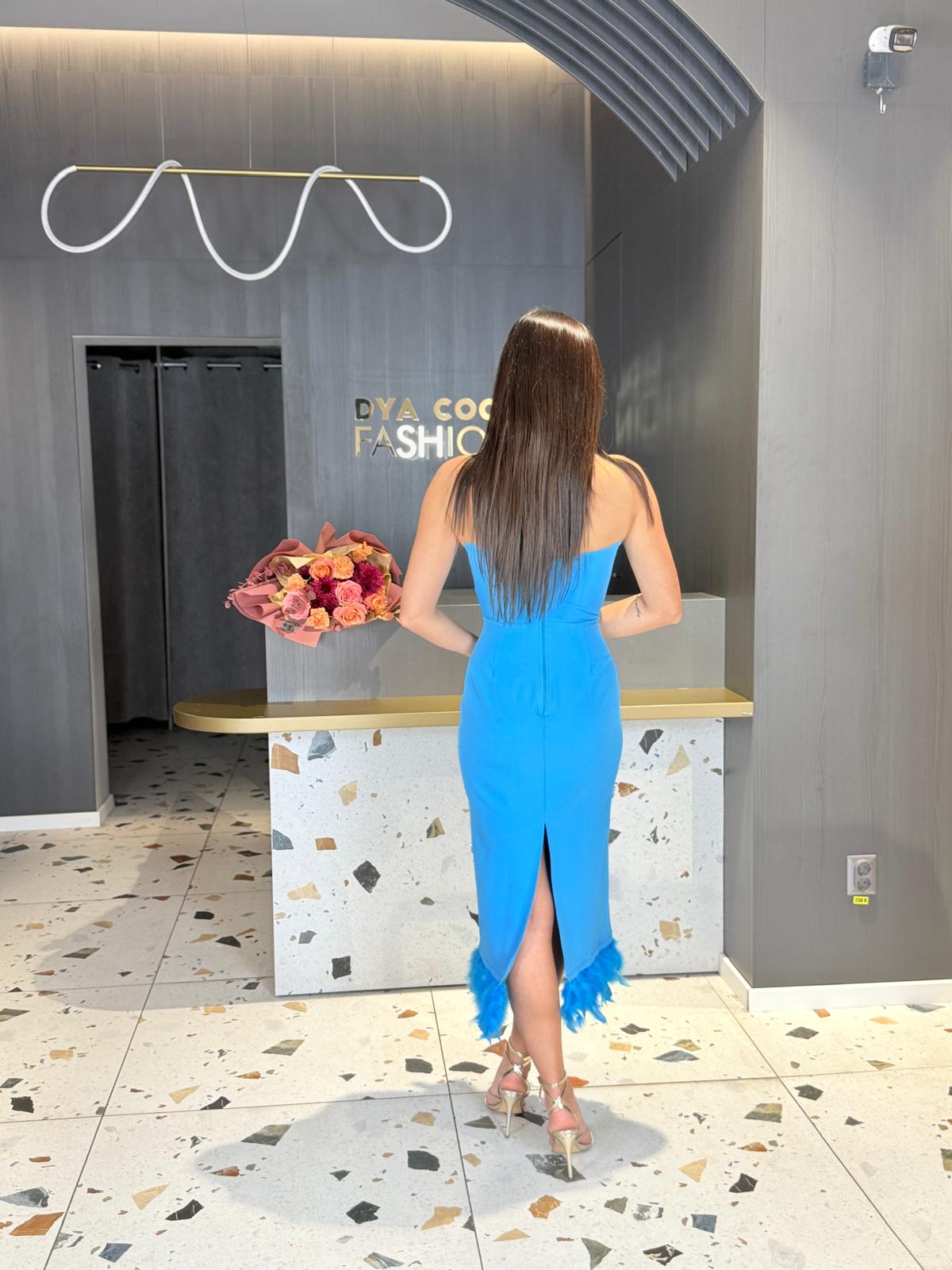 Rochie Midi Albastră cu Perle și Pene DYA1426 - imagine 5