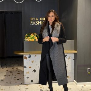 Palton Lung Negru cu Gri Și Guler Din Blană Naturală DYA1449