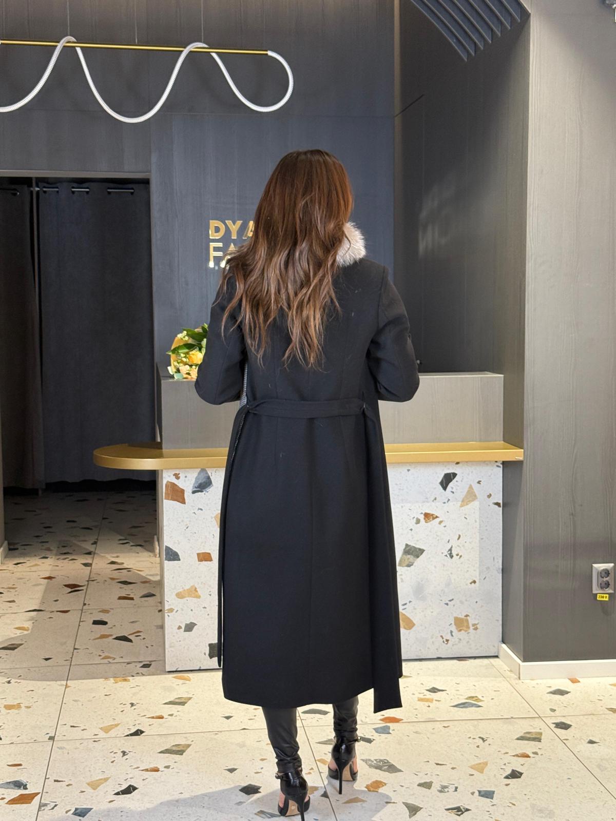 Palton Lung Negru cu Gri Și Guler Din Blană Naturală DYA1449 - imagine 5