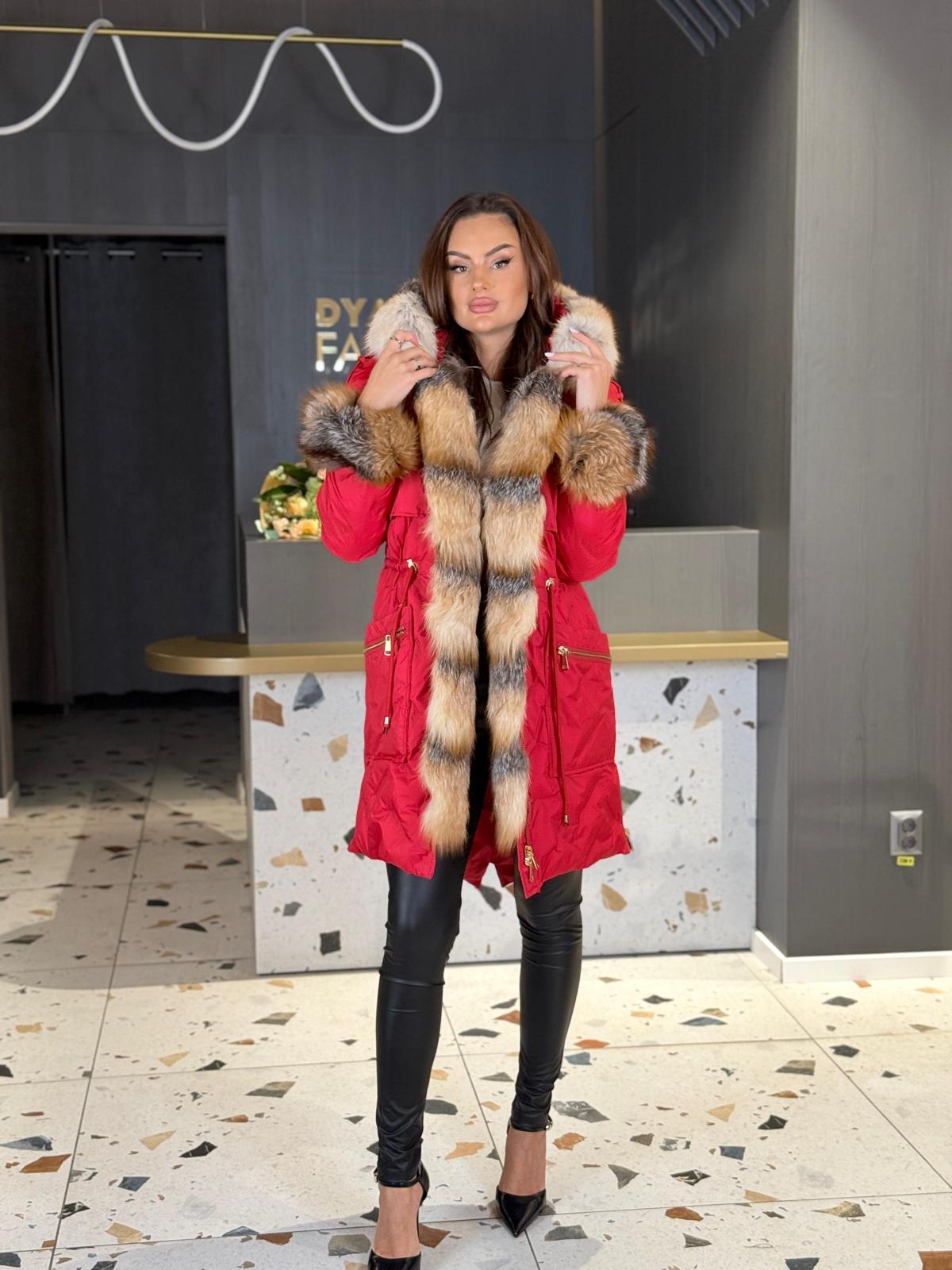 Geacă Lungă Roșie Cu Blană Naturală DYA1445 - imagine 2