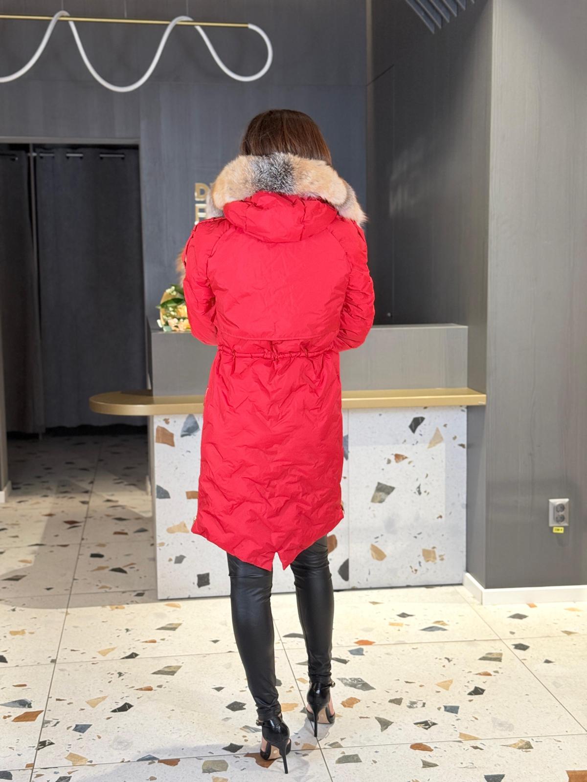 Geacă Lungă Roșie Cu Blană Naturală DYA1445 - imagine 4