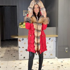 Geacă Lungă Roșie Cu Blană Naturală DYA1445