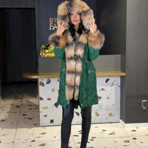 Geacă Lungă Verde Cu Blană Naturală DYA1448