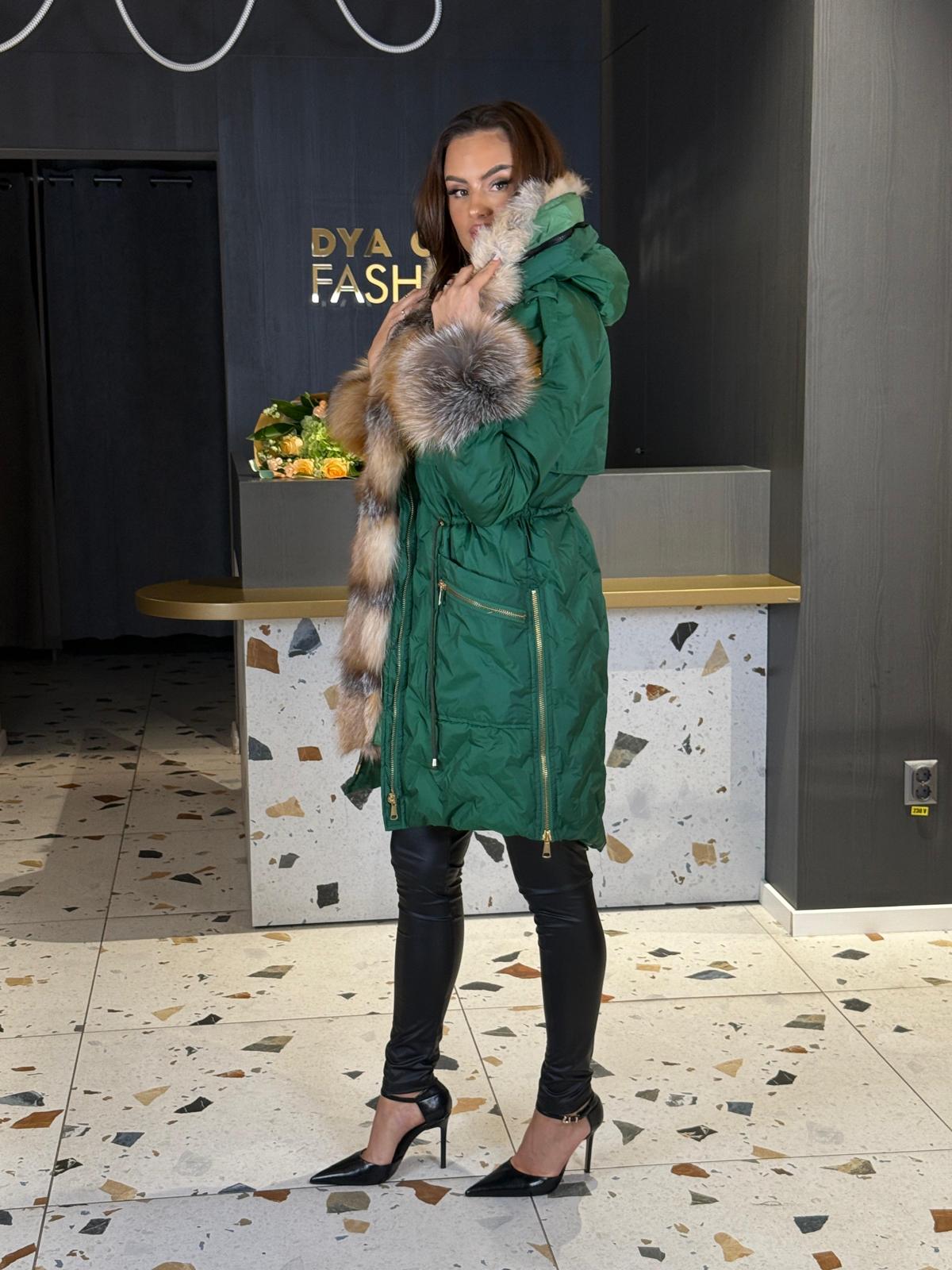 Geacă Lungă Verde Cu Blană Naturală DYA1448 - imagine 4