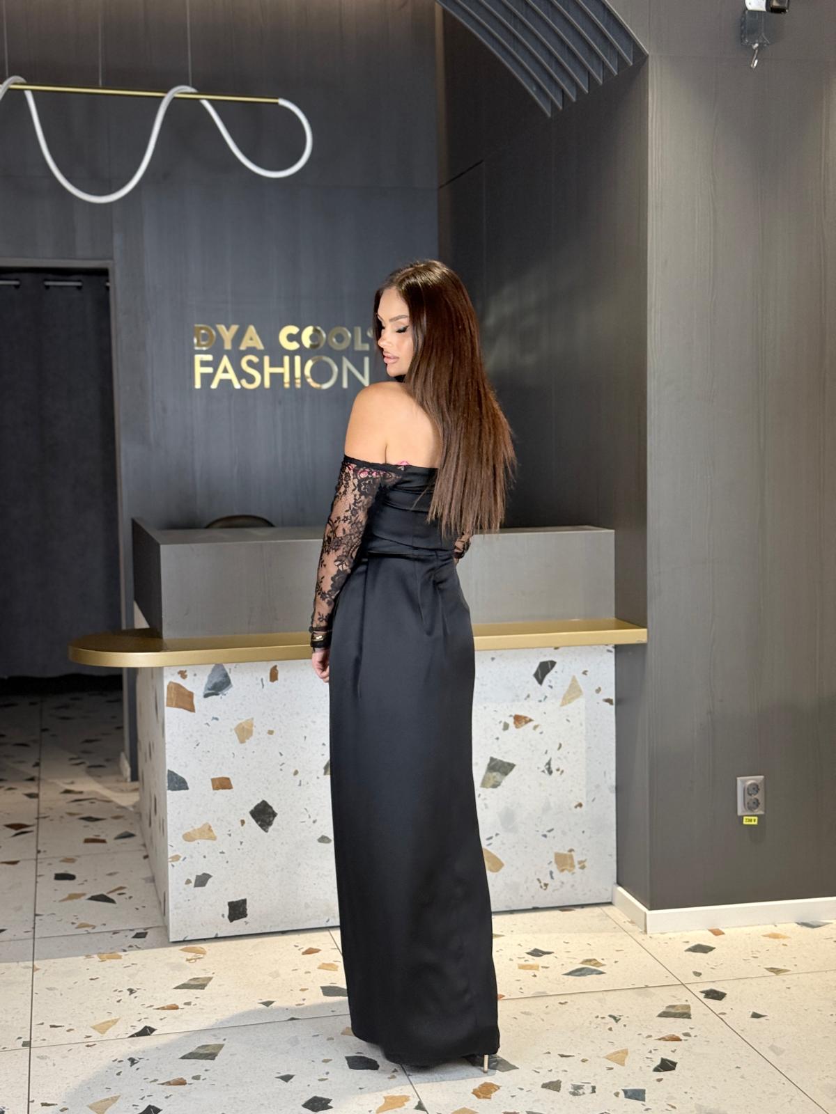 Rochie Lungă Satin Negru Cu Dantelă DYA1454 - imagine 4