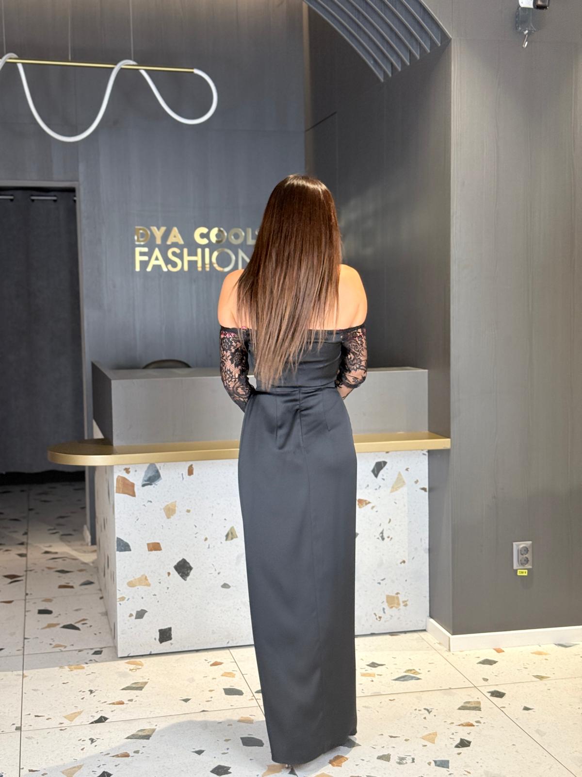 Rochie Lungă Satin Negru Cu Dantelă DYA1454 - imagine 5