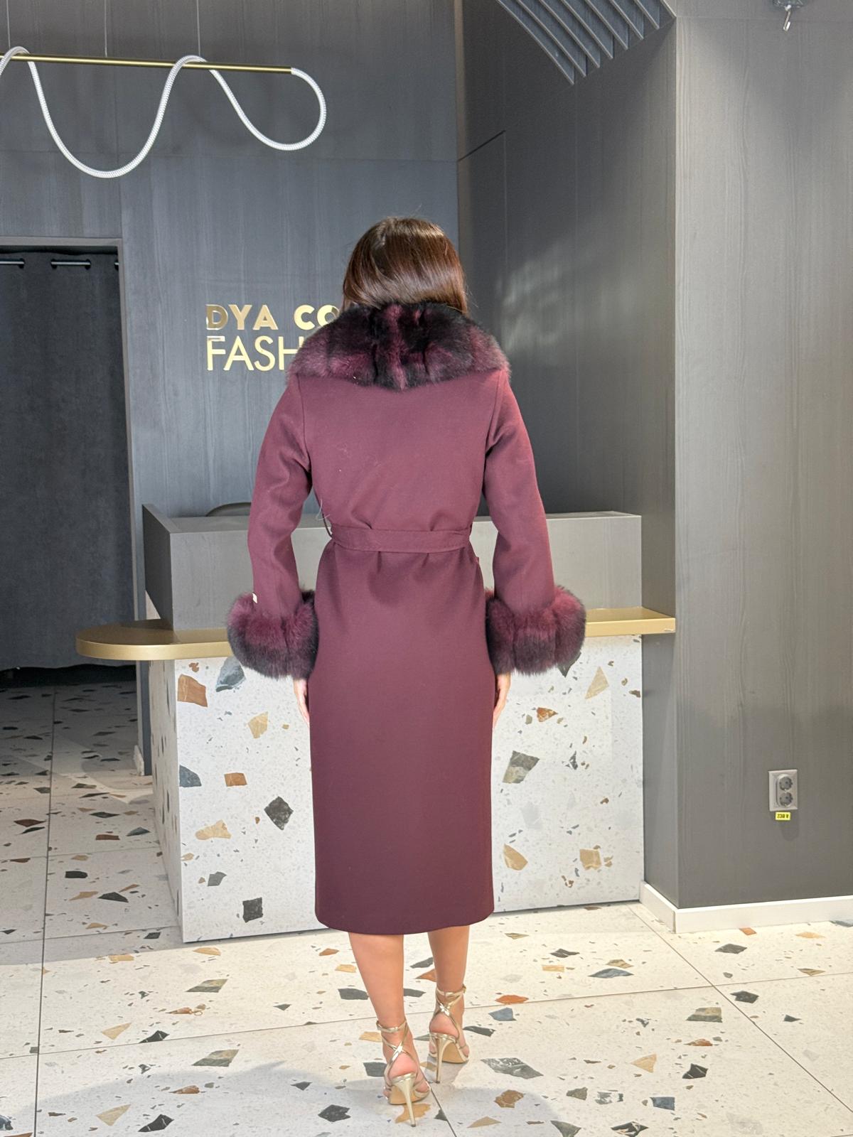 Palton Lung Lână Visiniu Cu Blană Naturală DYA1457 - imagine 4