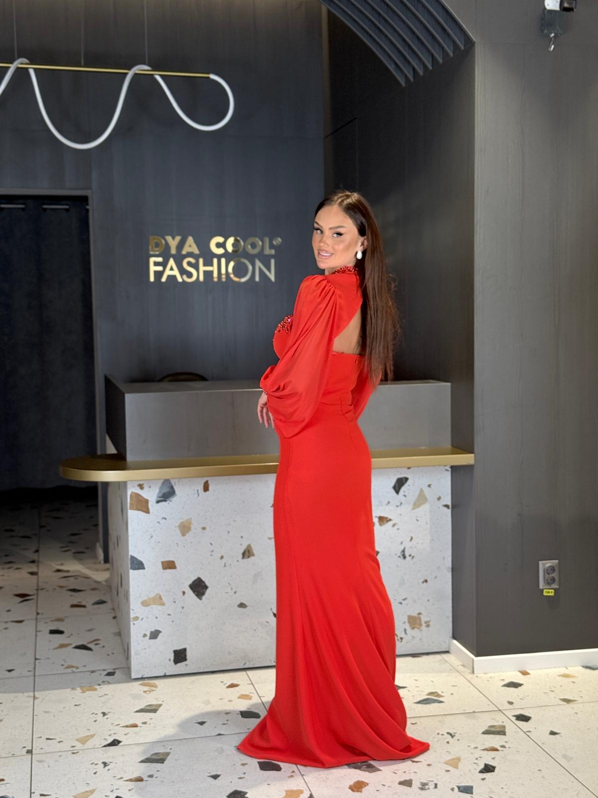 Rochie Lunga Rosie Cu Aplicatii De Cristale Si Bolero Detasabil DYA1465 - imagine 6