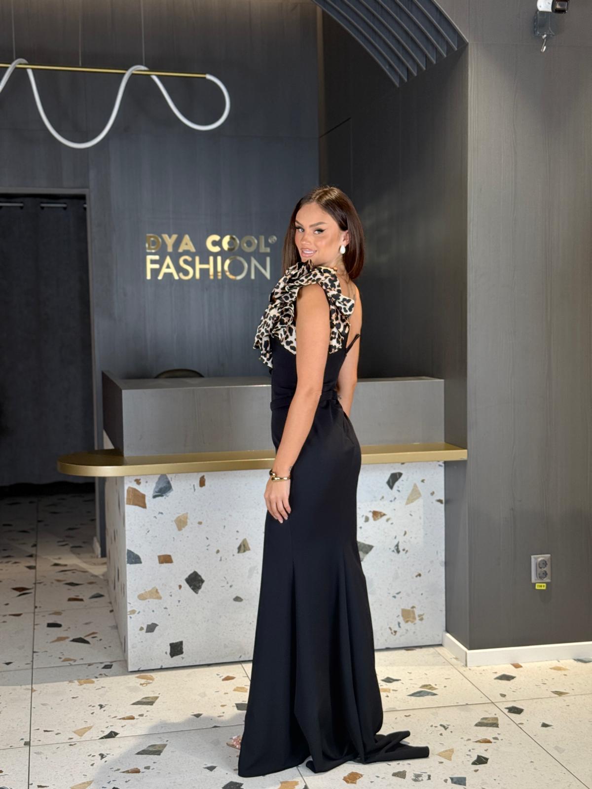 Rochie Lungă Neagră Cu Volan Animal Print DYA1259 - imagine 2