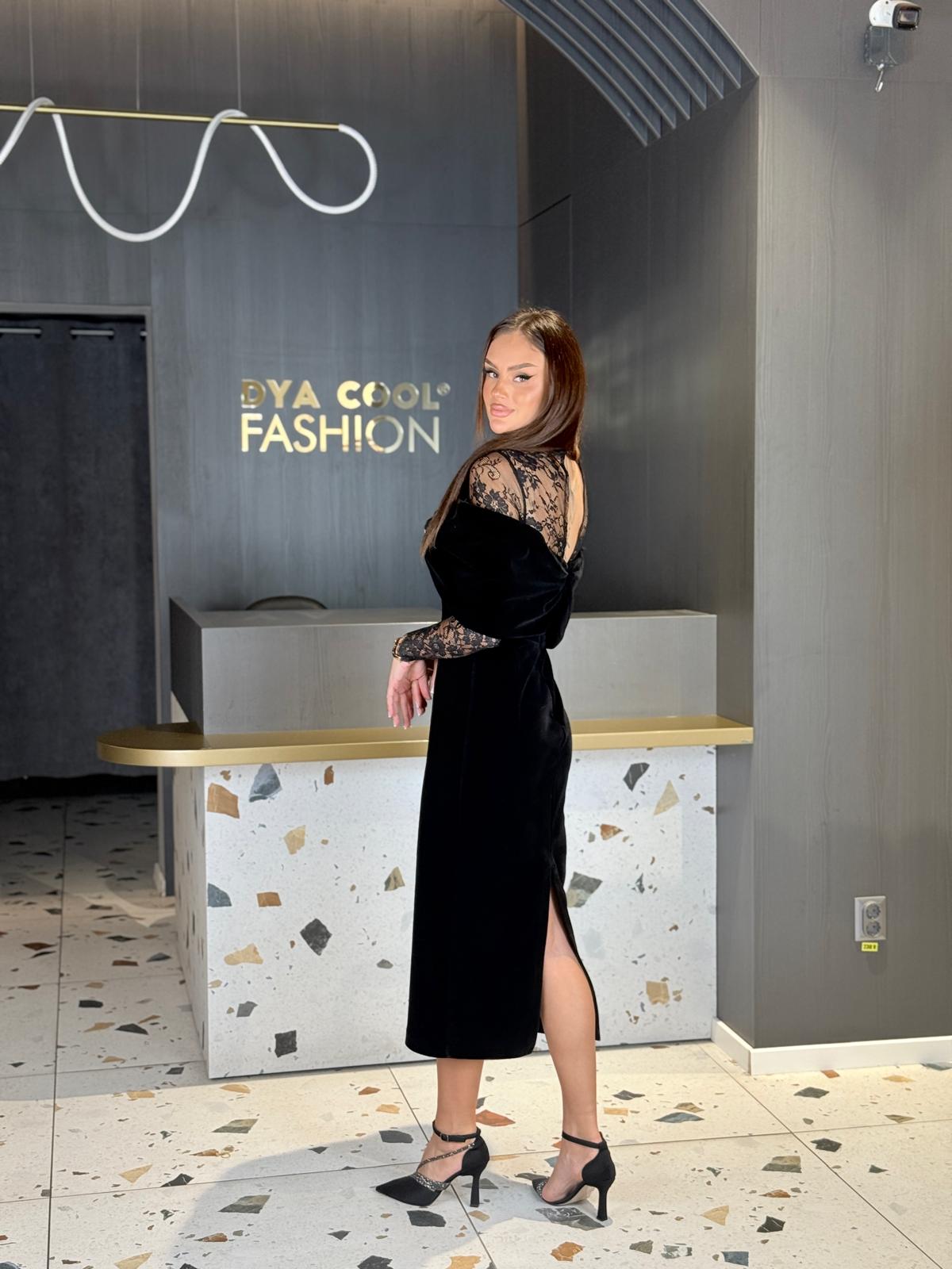 Rochie Midi Neagra Din Catifea Cu Funda Oversized Si Dantela DYA1468 - imagine 2