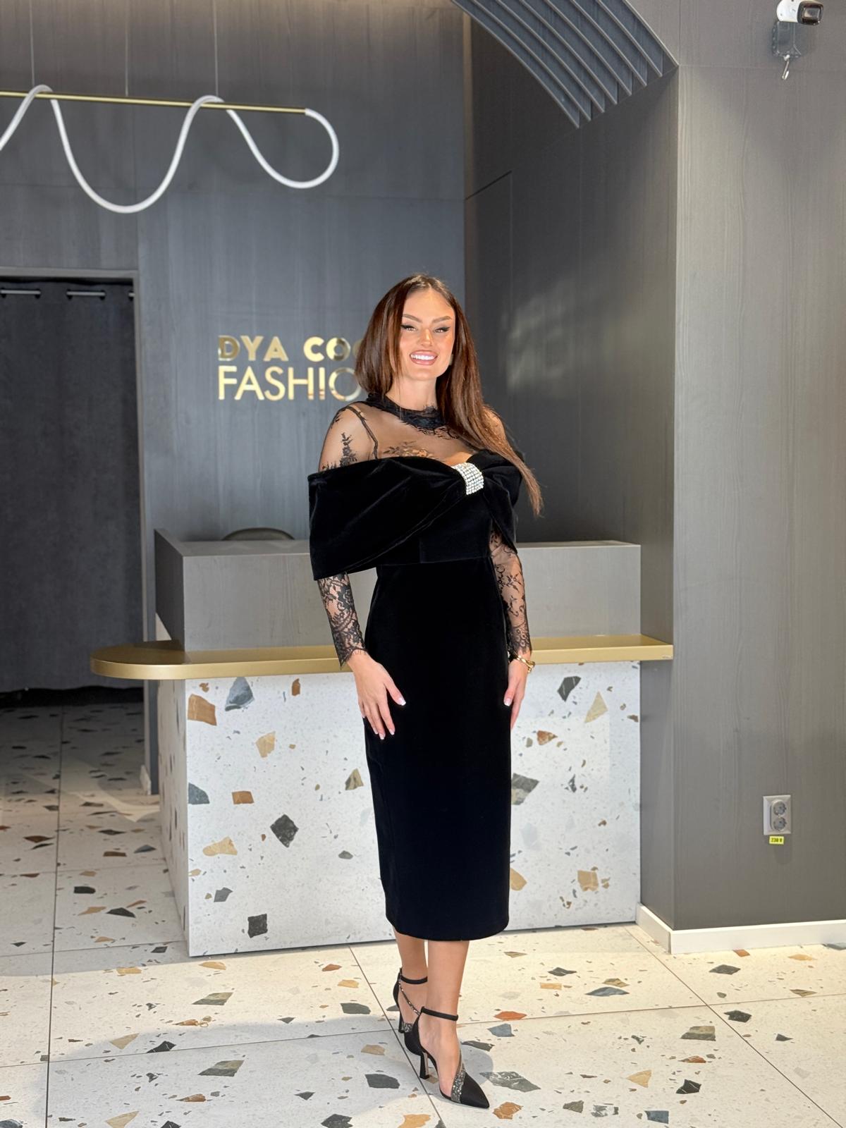 Rochie Midi Neagra Din Catifea Cu Funda Oversized Si Dantela DYA1468 - imagine 3