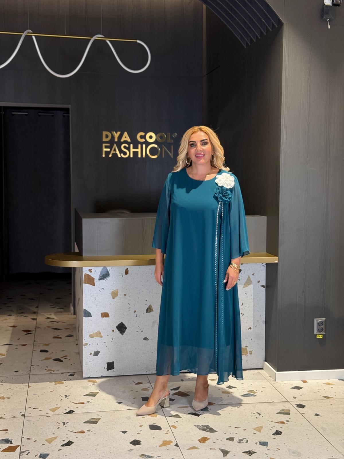 Rochie Verde Petrol Lungă Din Voal Cu Floare 3D și Șal DYA1482