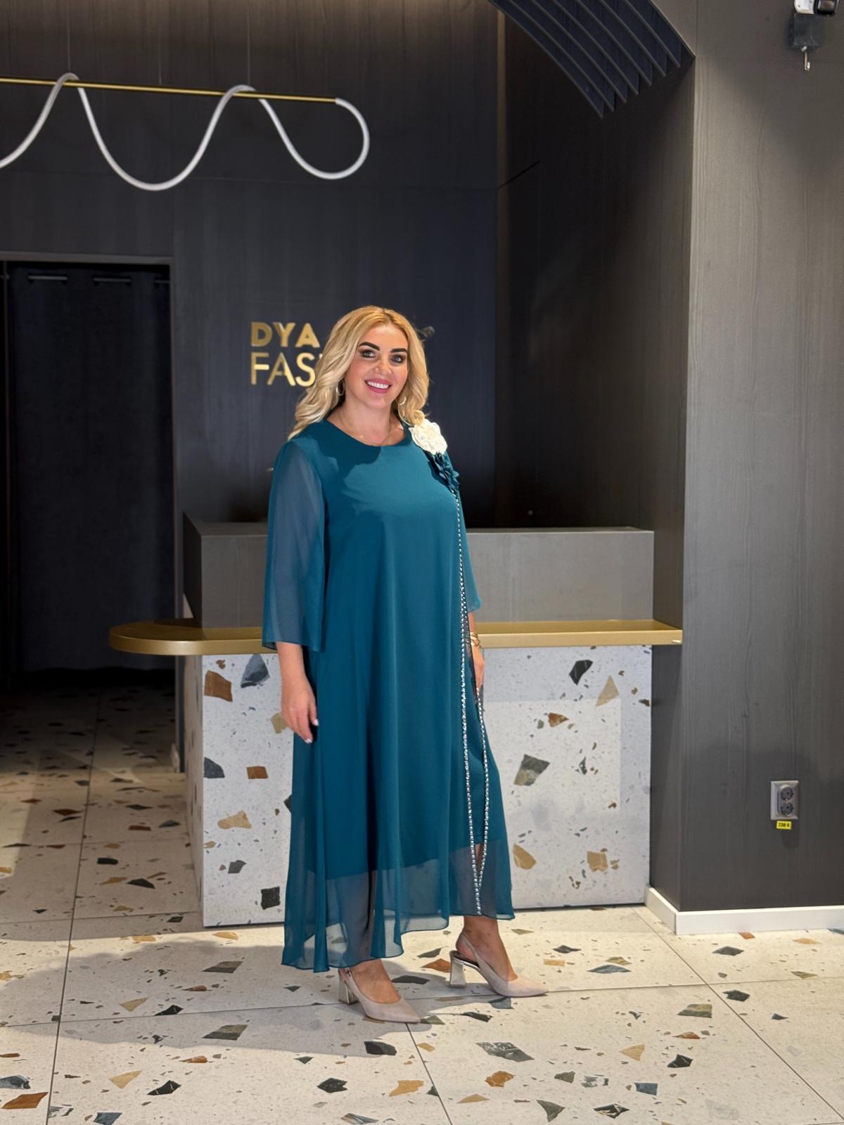 Rochie Verde Petrol Lungă Din Voal Cu Floare 3D și Șal DYA1482 - imagine 2