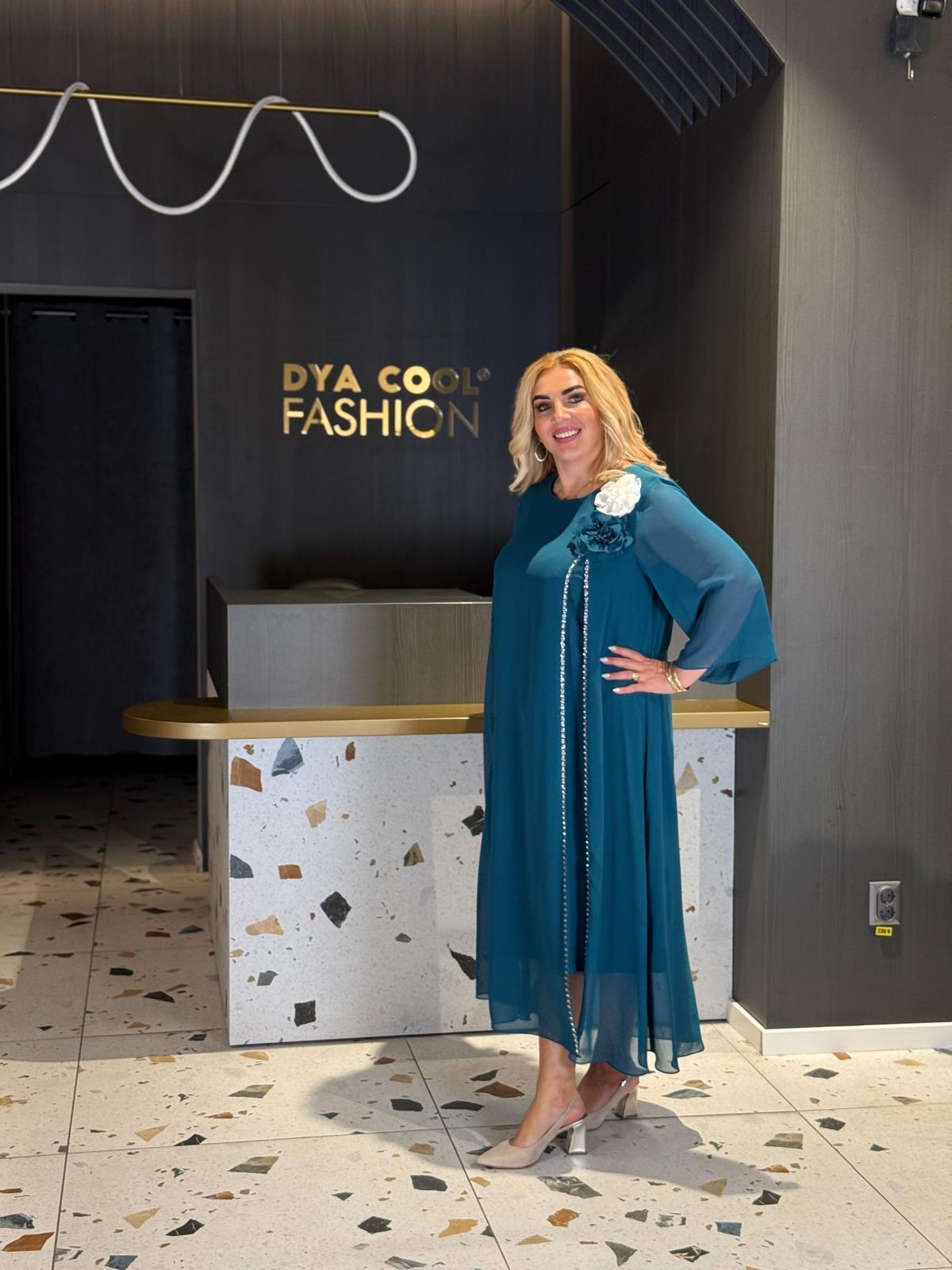 Rochie Verde Petrol Lungă Din Voal Cu Floare 3D și Șal DYA1482 - imagine 3