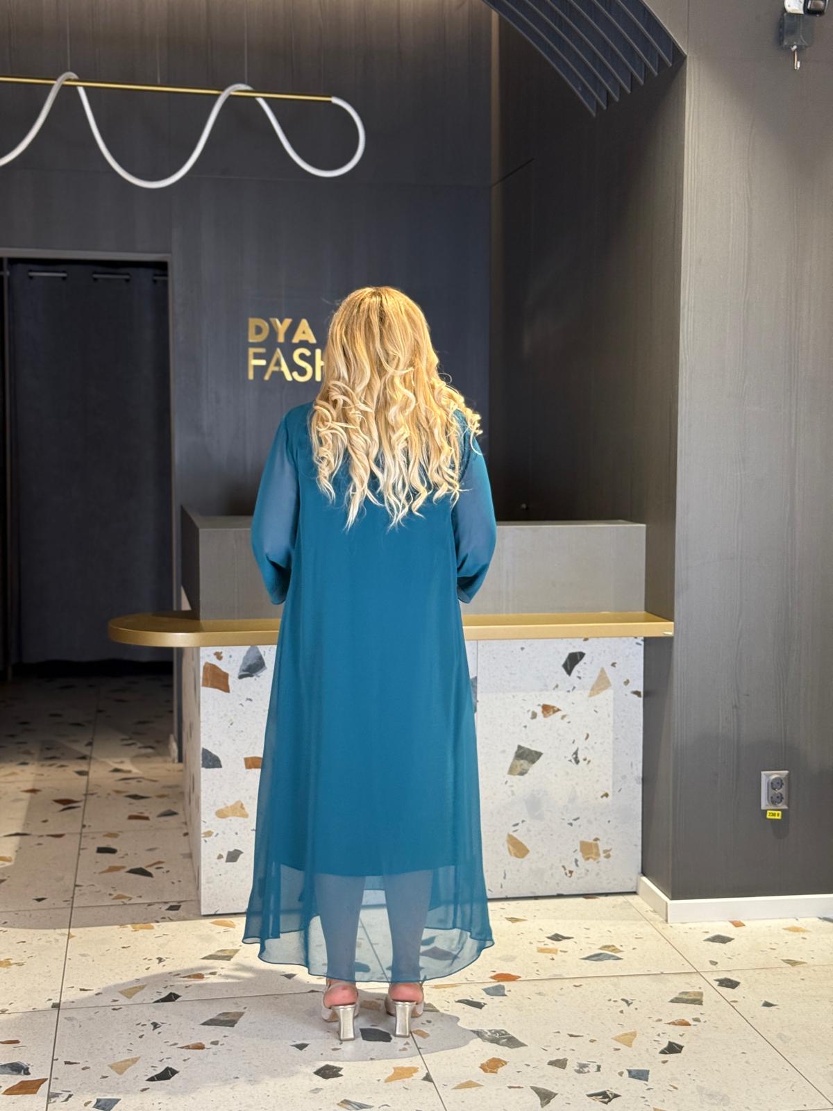 Rochie Verde Petrol Lungă Din Voal Cu Floare 3D și Șal DYA1482 - imagine 4