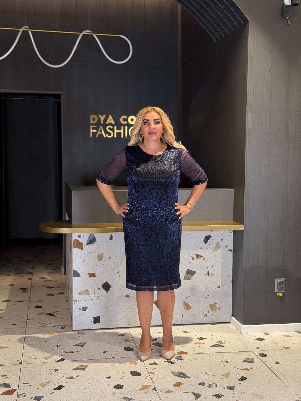 Rochie Bleumarin Midi cu Paiete și Mâneci din Tull DYA1483