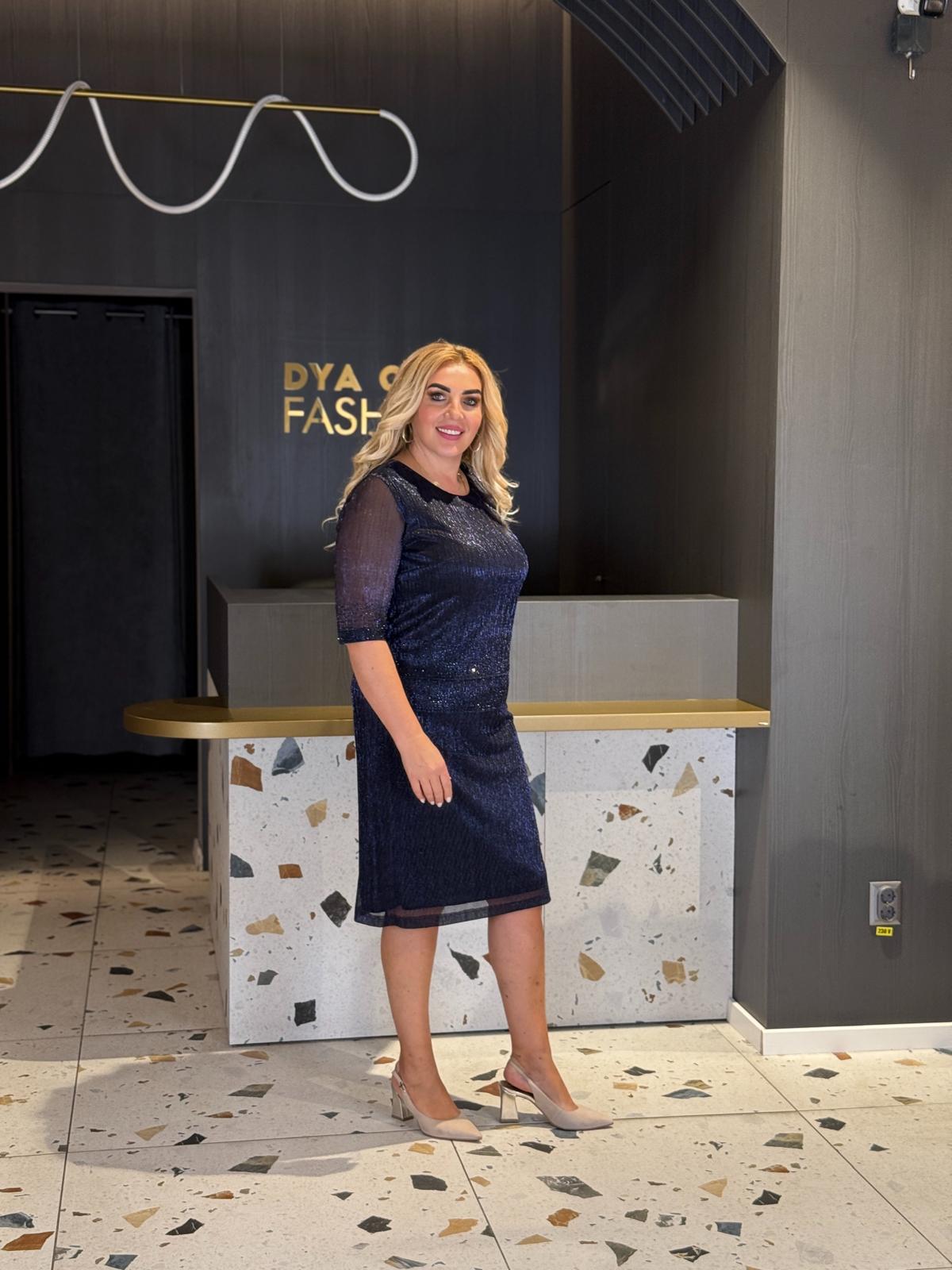 Rochie Bleumarin Midi cu Paiete și Mâneci din Tull DYA1483 - imagine 2