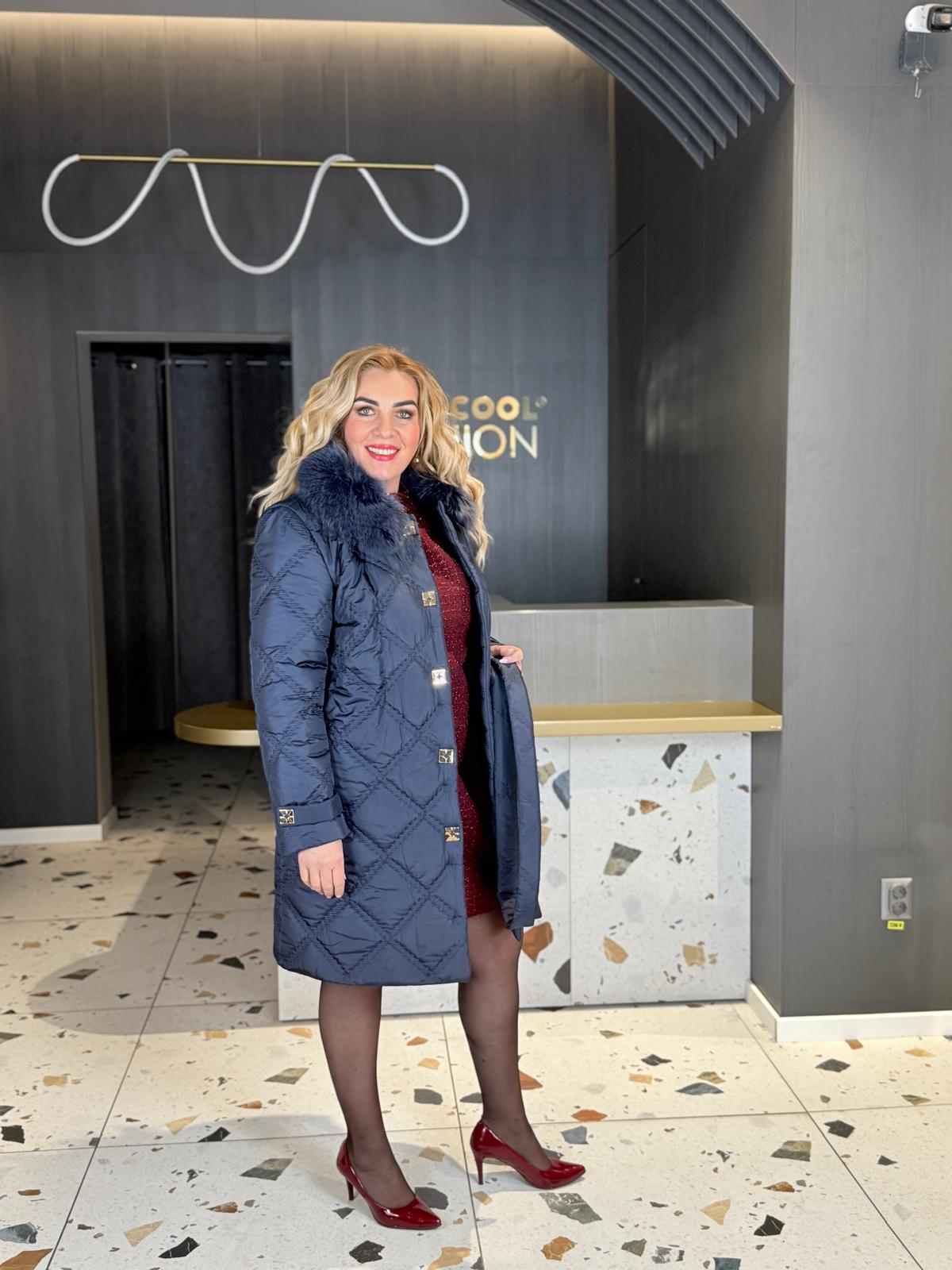 Geacă Lungă Bleumarin Cu Blană DYA1492 - imagine 3