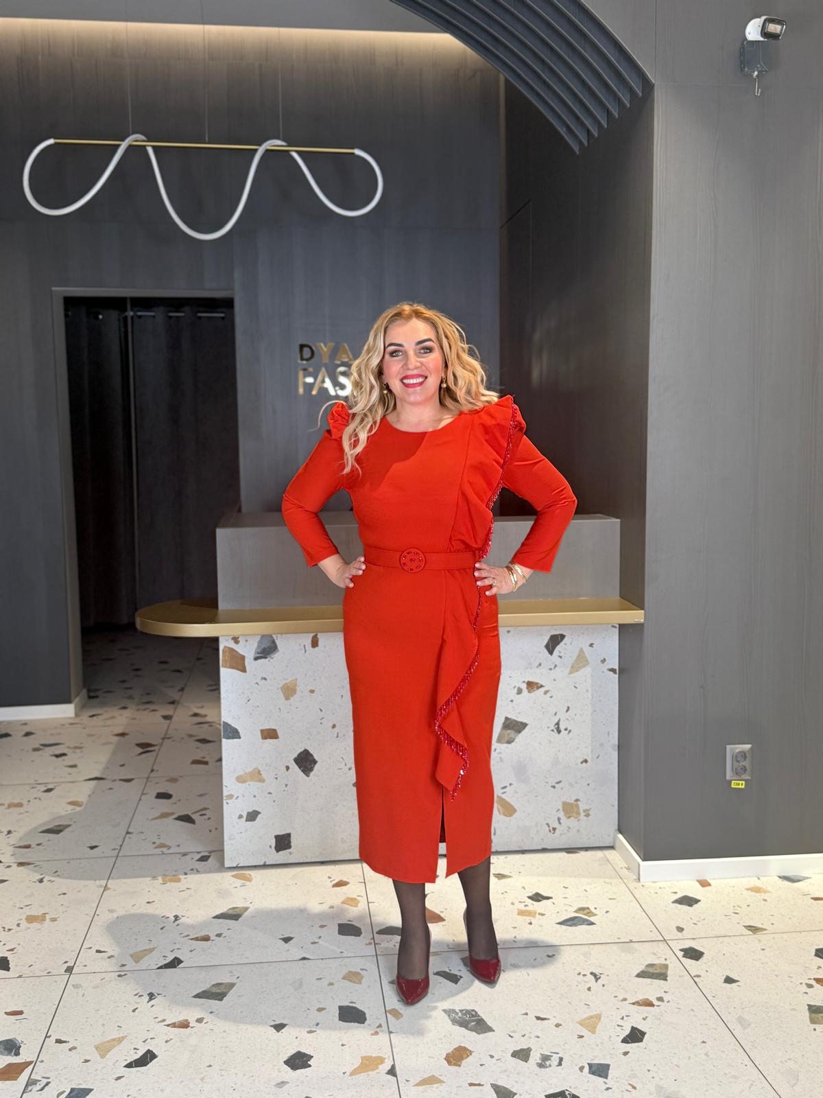 Rochie Midi Roșie Elegantă Cu Volane DYA1497