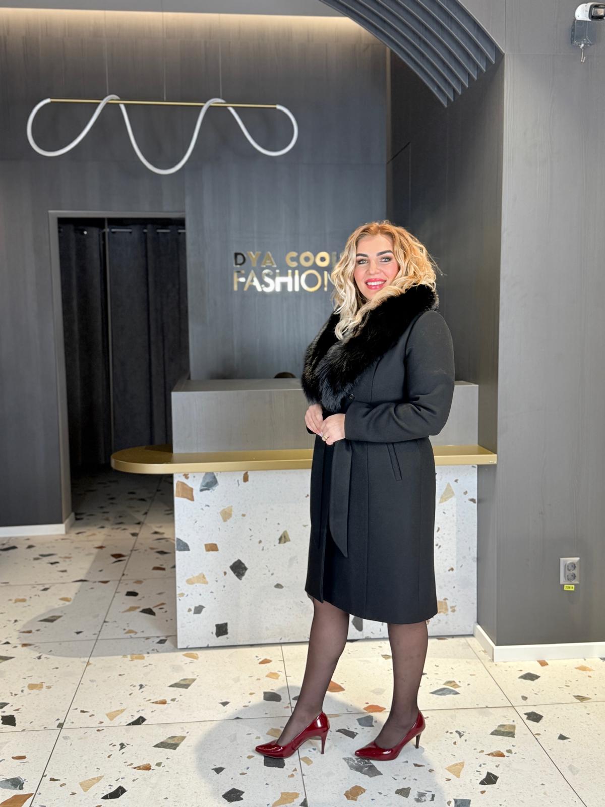 Palton Negru Midi Cu Guler Din Blana Naturala DYA1951 - imagine 2