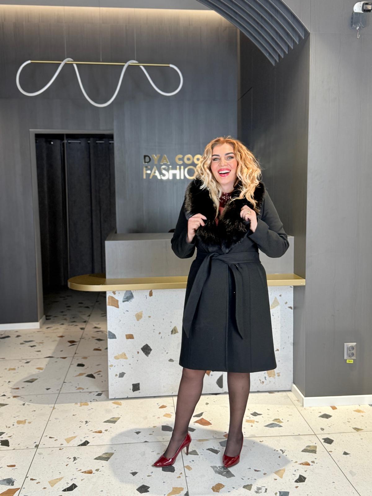 Palton Negru Midi Cu Guler Din Blana Naturala DYA1951