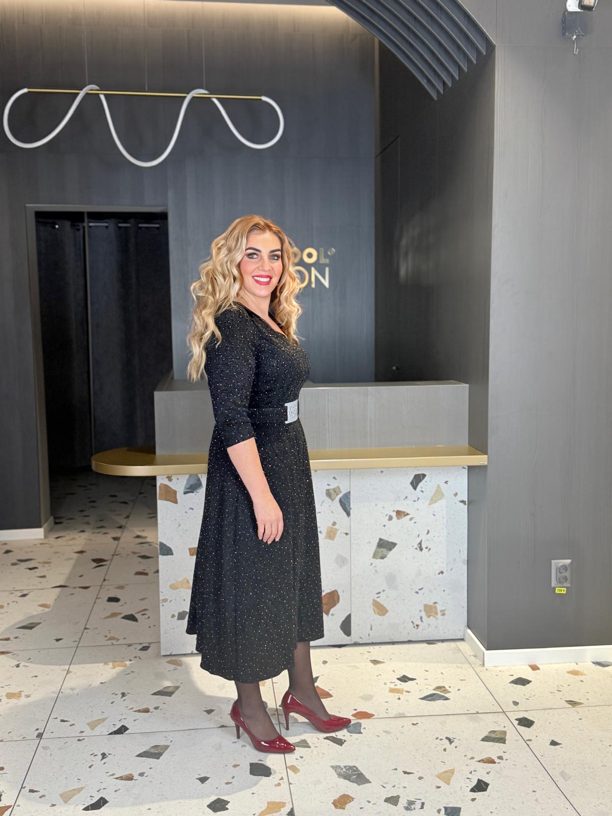 Rochie Midi Neagra Cu Fir Lurex Si Centura Decorativa DYA1952 - imagine 3