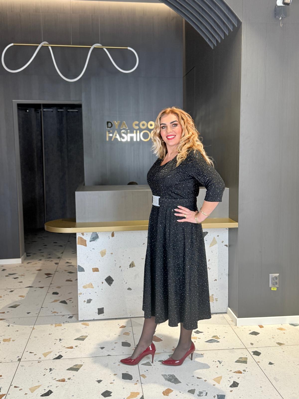 Rochie Midi Neagra Cu Fir Lurex Si Centura Decorativa DYA1952 - imagine 2